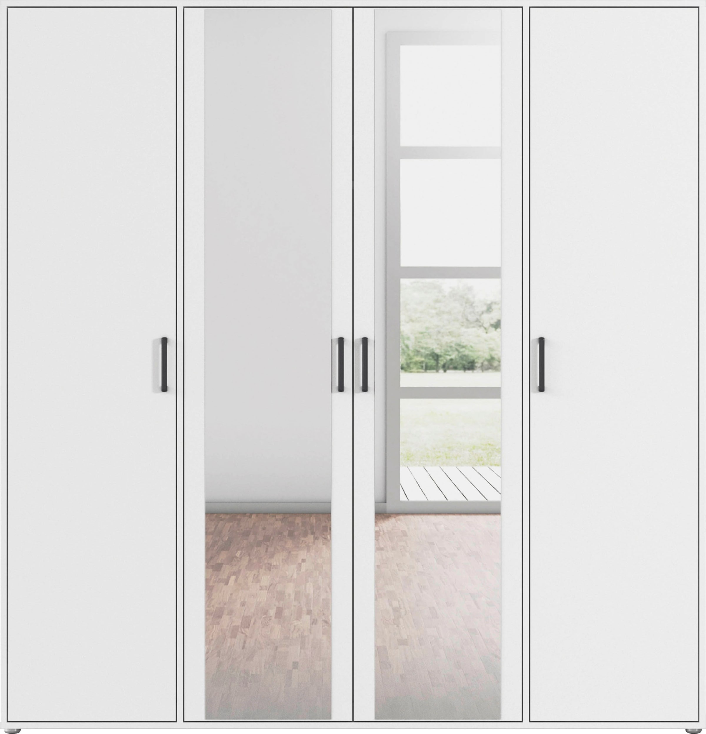 rauch Drehtürenschrank »Kleiderschrank Schrank Garderobe Wäscheschrank VOYAGER«, (in 3 verschiedenen Ausstattungen BASIC/CLASSIC/PREMIUM), mit modernen Griffen in Graumetallic und Spiegel