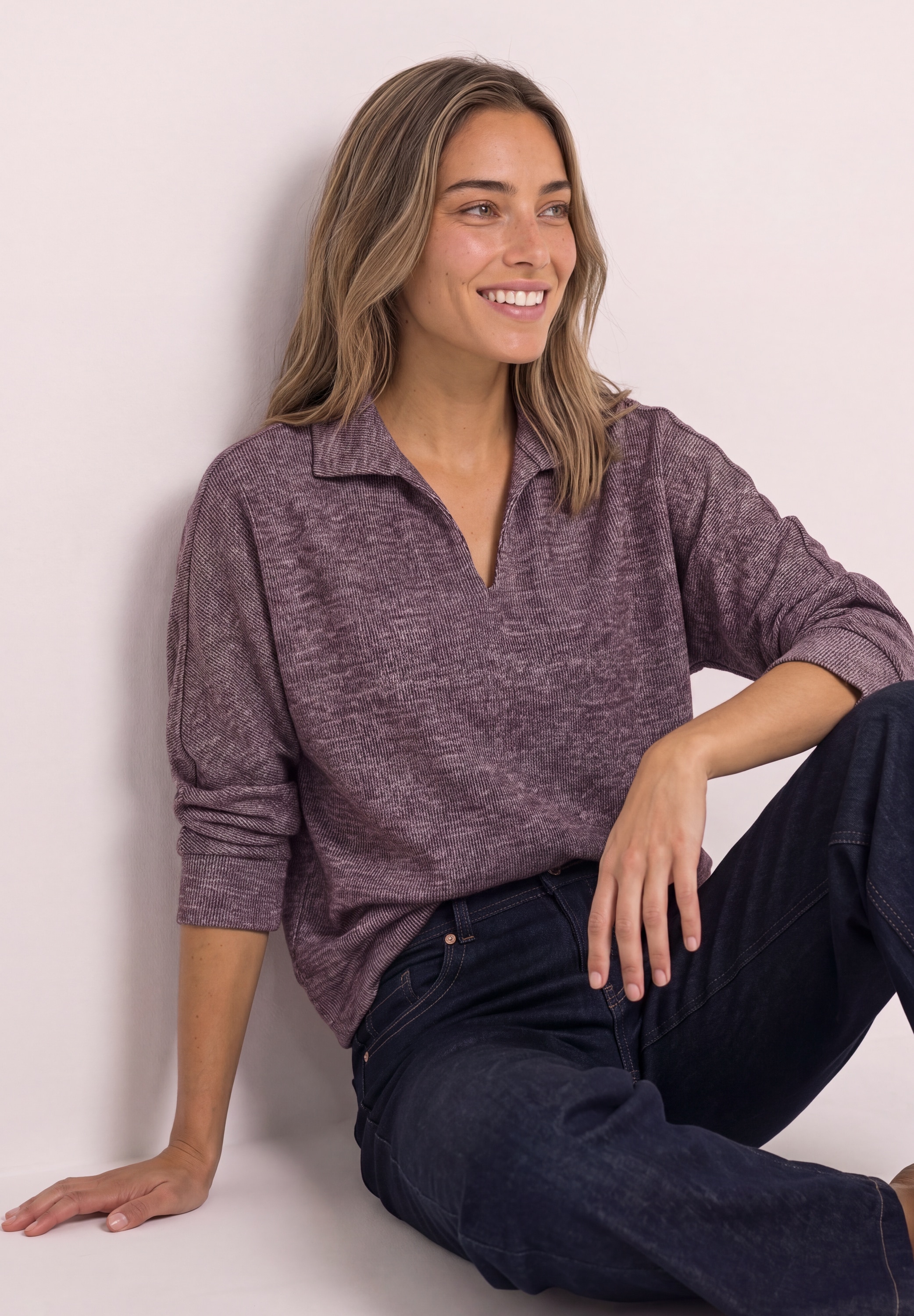 STREET ONE Langarm-Poloshirt mit Polokragen / Im Melange-Look