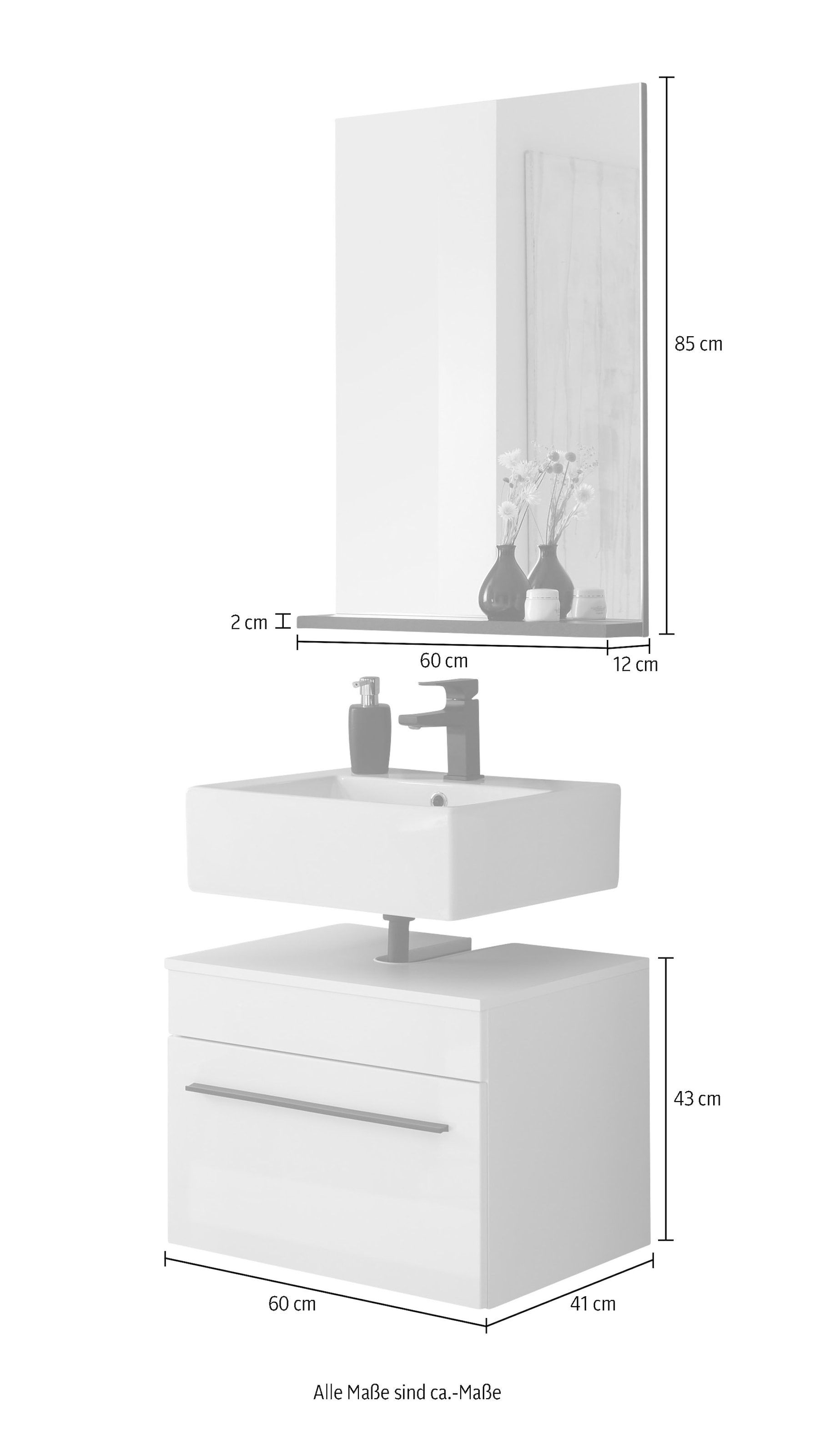 INOSIGN Badmöbel-Set »Cantara, Bad im modernen Design, 2-teiliges Badezimmer«, (Set, 2 St.), Unterschrank und Spiegel, in Weiß Hochglanz, viel Stauraum