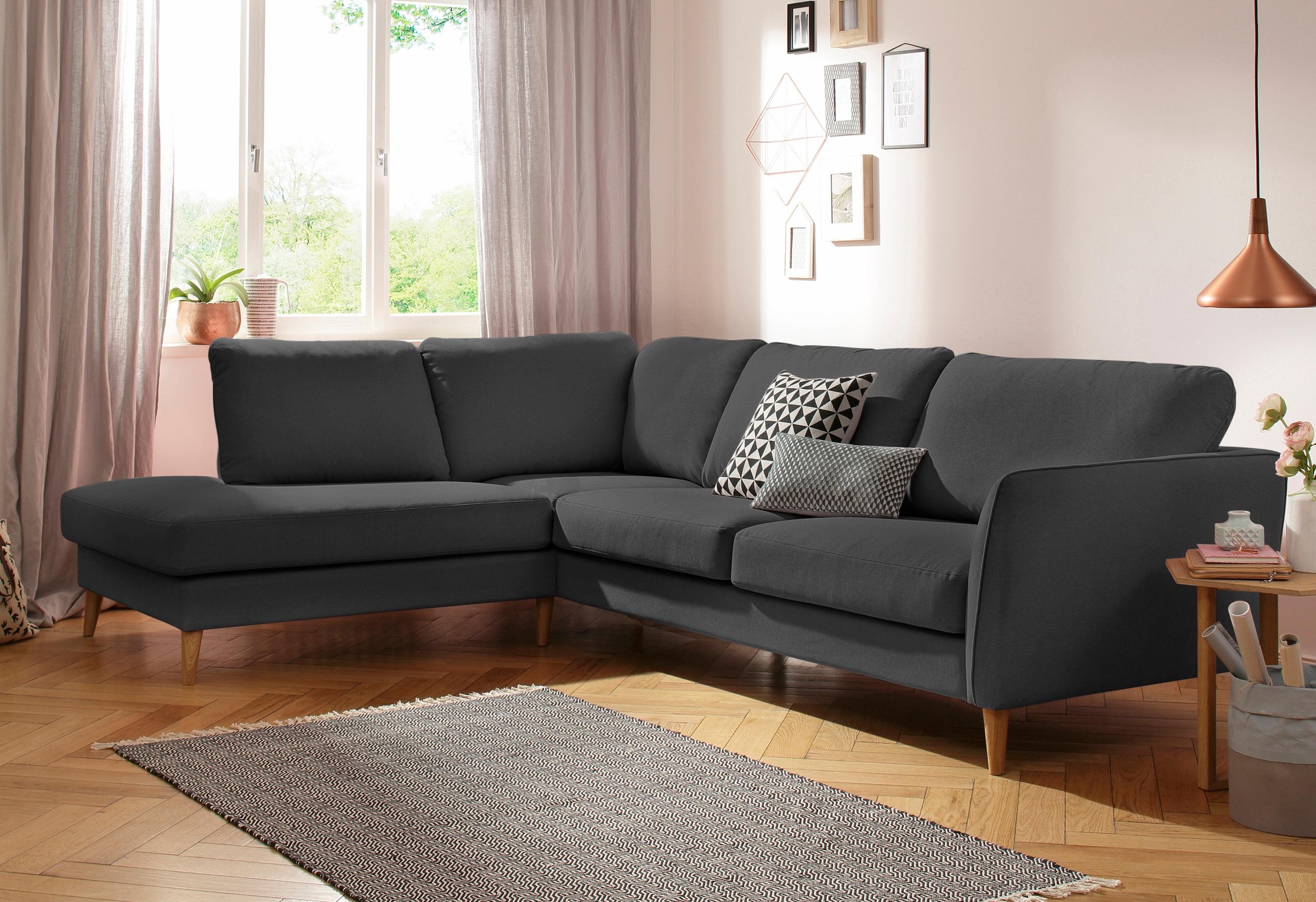 Home affaire Ecksofa »MARSEILLE 278/202 cm, L-Form, Ottom. rechts/links, verschiedene Bezüge«, Massivholzbeine Eiche, Landhausstil, Wellenunterfederung