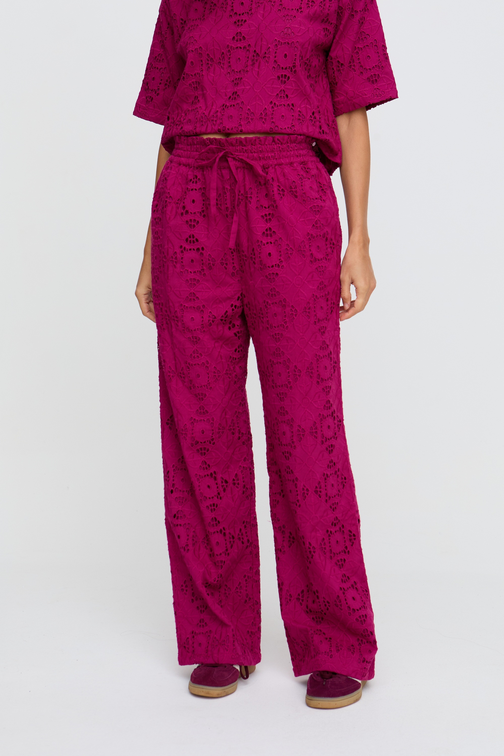 RAFFYA Jerseyhose "Opal Broderie Anglaise Wide Leg Trouser Damen" günstig online kaufen