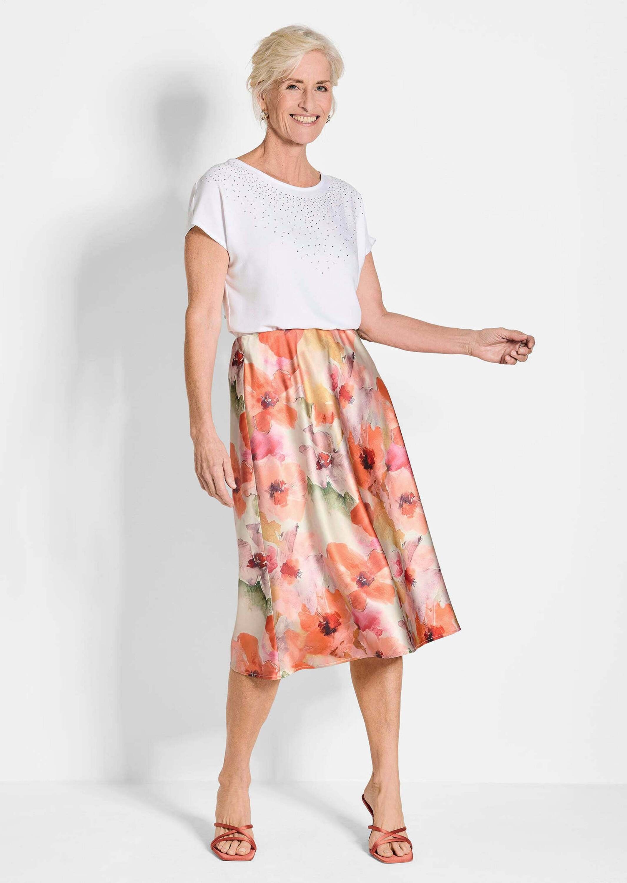 GOLDNER Schlupfrock "Kurzgröße Glänzender Midirock in floralem Druck" günstig online kaufen