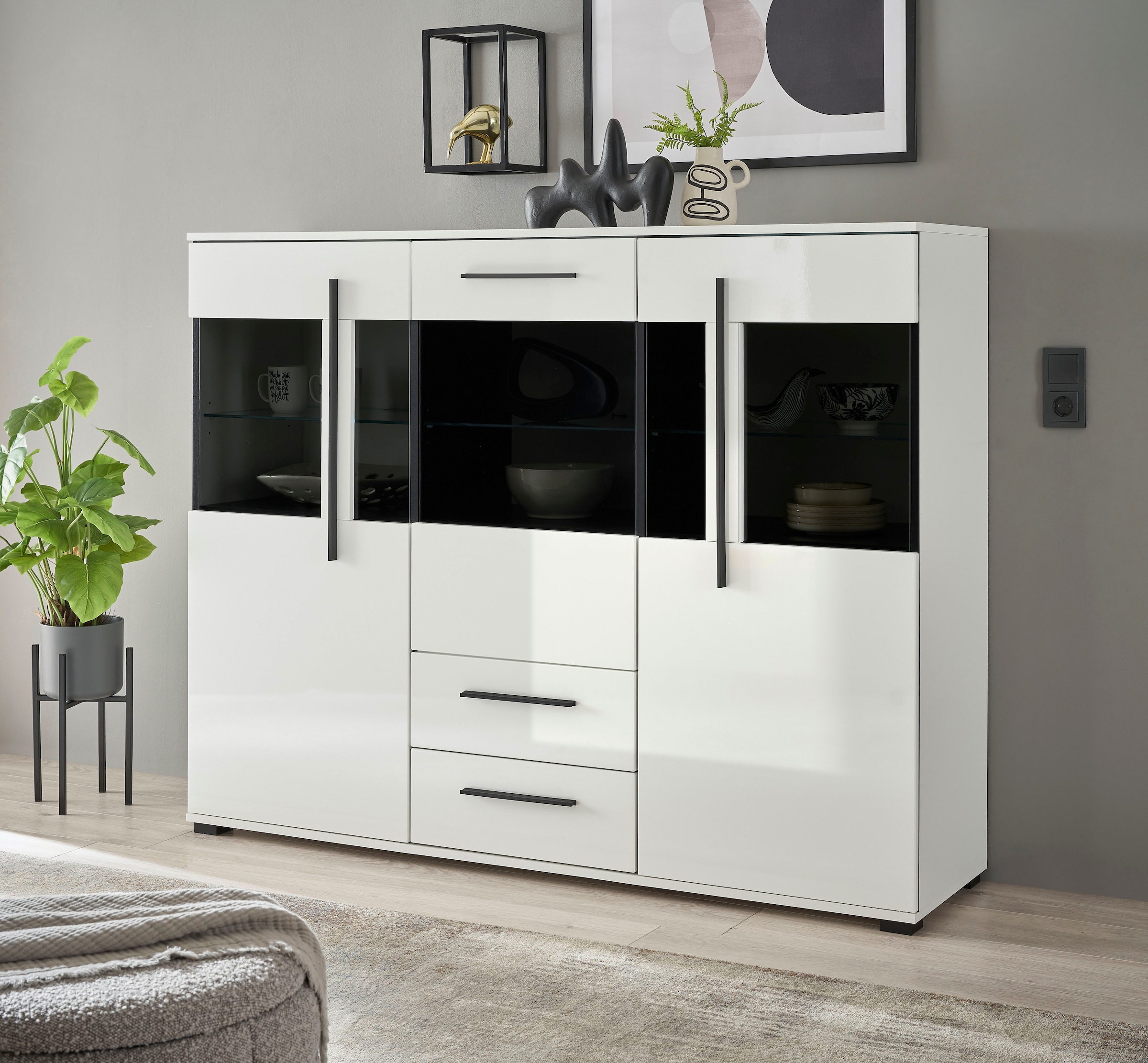 INOSIGN Highboard »Cantara, moderner Schrank, Vitrine in Eiche Dekor oder weiß«, schwarze Stangengriffe, ausreichend Stauraum, vielseitig einsetzbar