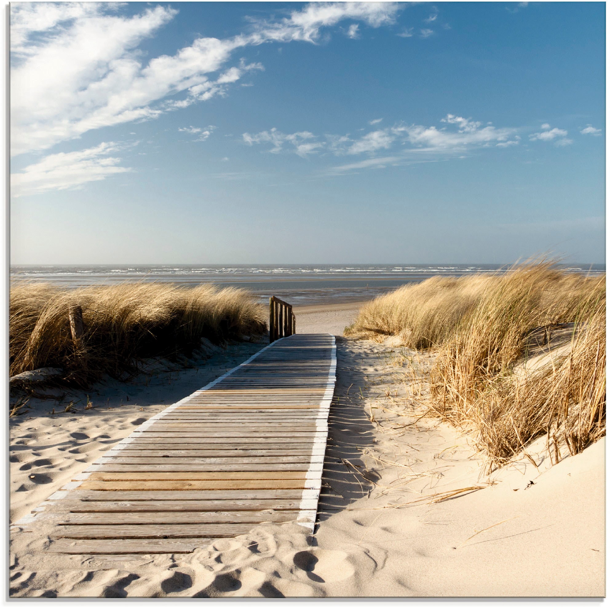 Glasbild »Nordseestrand auf Langeoog - Steg«, Strand, (1 St.), in verschiedenen Größen