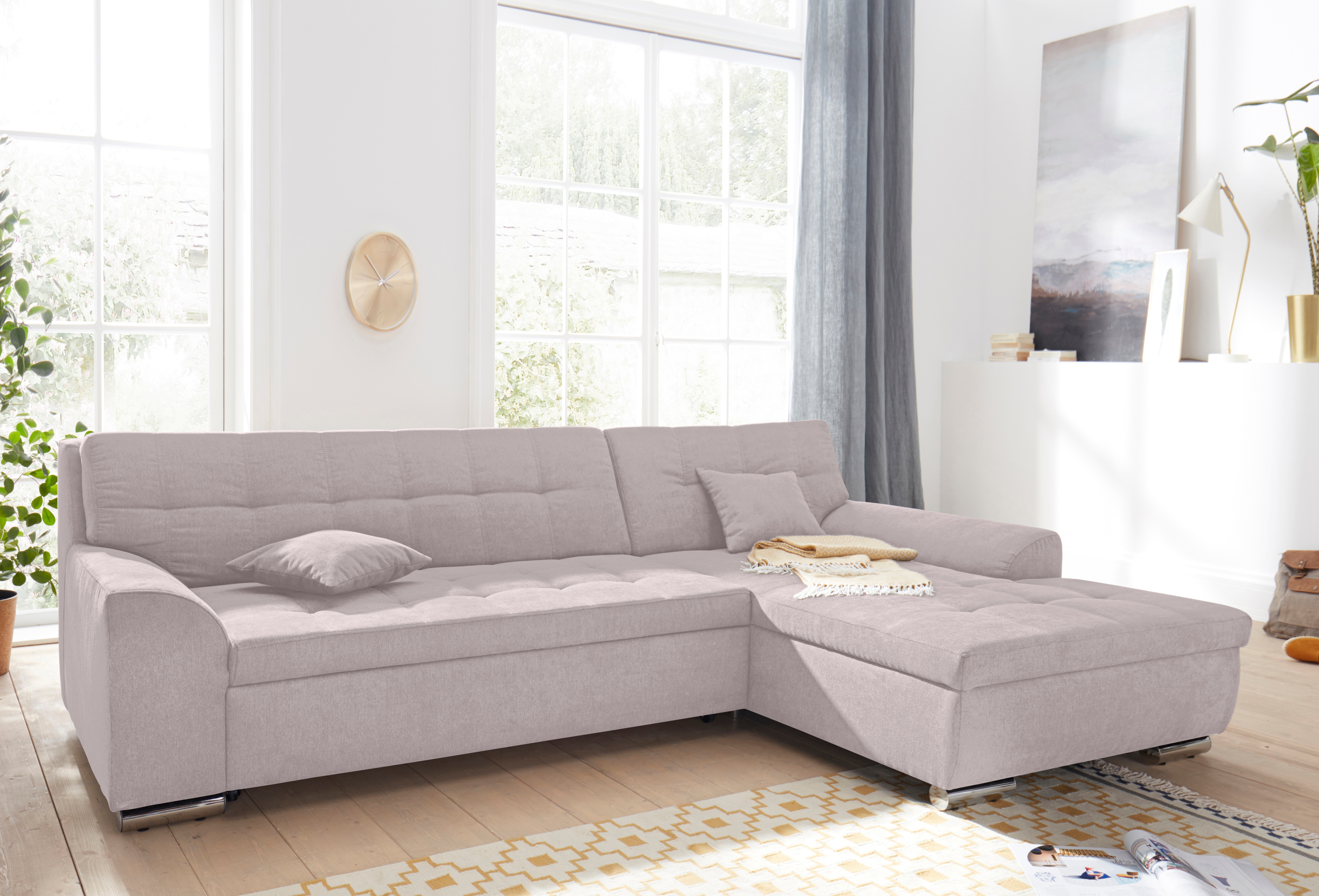 DOMO collection Ecksofa "Aversa, moderne Steppung, geschwungene Armlehnen, Breite 267cm" L-Form, wahlweise mit Bettfunktion