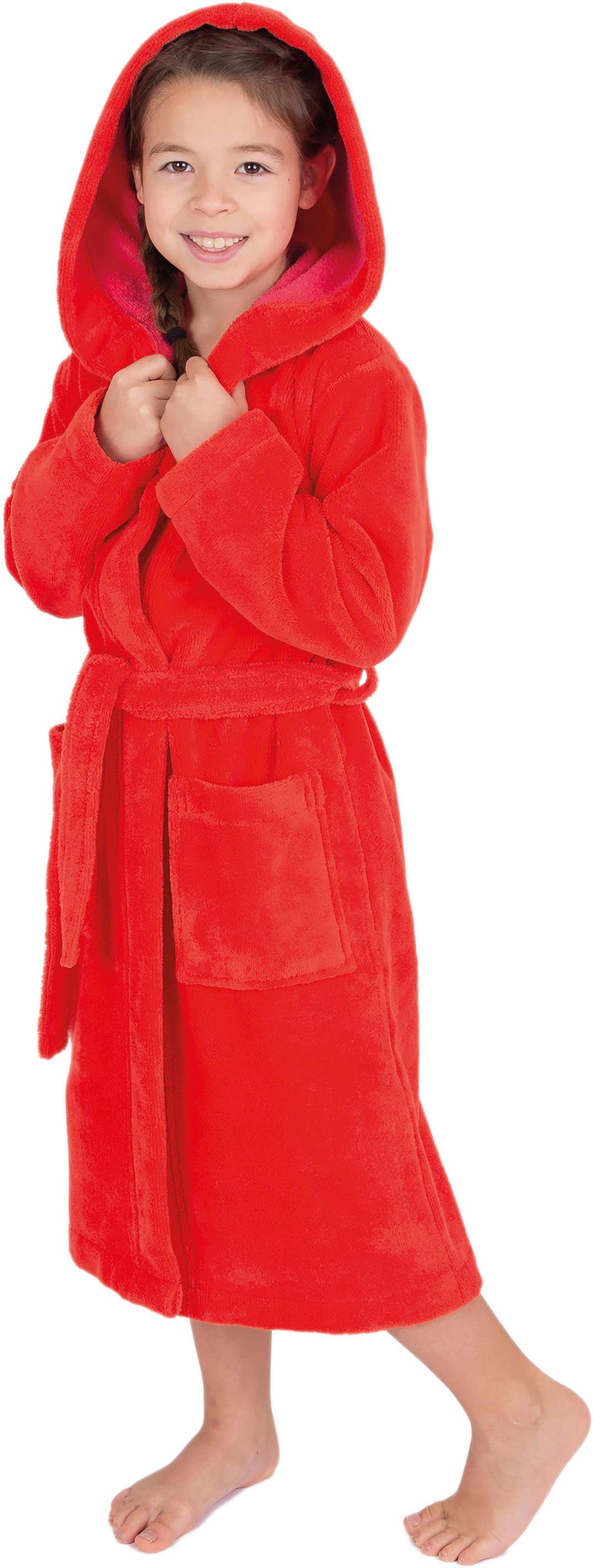 Kinderbademantel WEWO FASHION, L:116cm, orange, Baumwoll-Mix, Hausmäntel, "8514", mit kuscheliger Kapuze