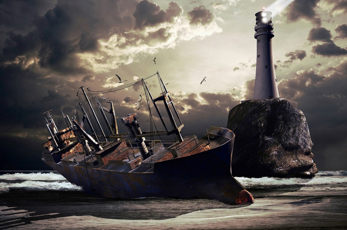 Papermoon "Gestrandetes Schiff mit Leuchtturm"