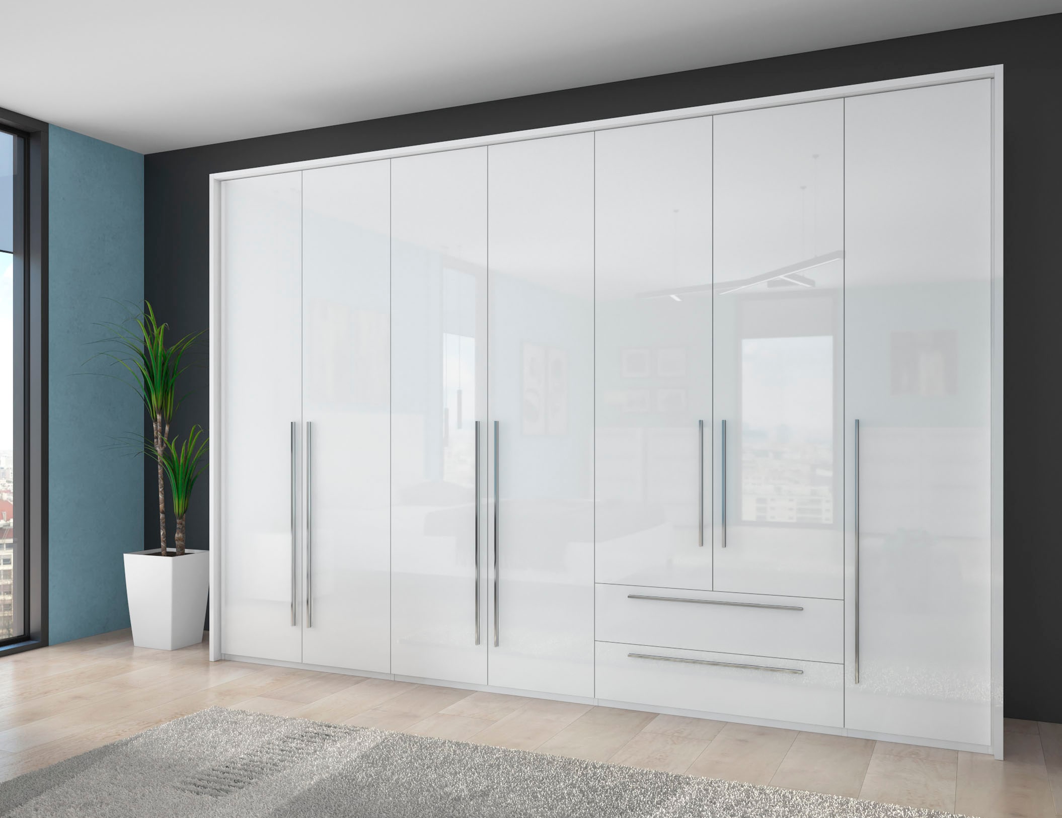 OTTO home Drehtürenschrank "Piano, inklusive Rahmen und Beleuchtung, soft-close-Funktion" viele Breiten zur Auswahl, 226cm hoch, mit jeweils 2 Schubladen, beige oder weiß, UV lackiert, Hochglanzfronten, FSC-zertifiziert