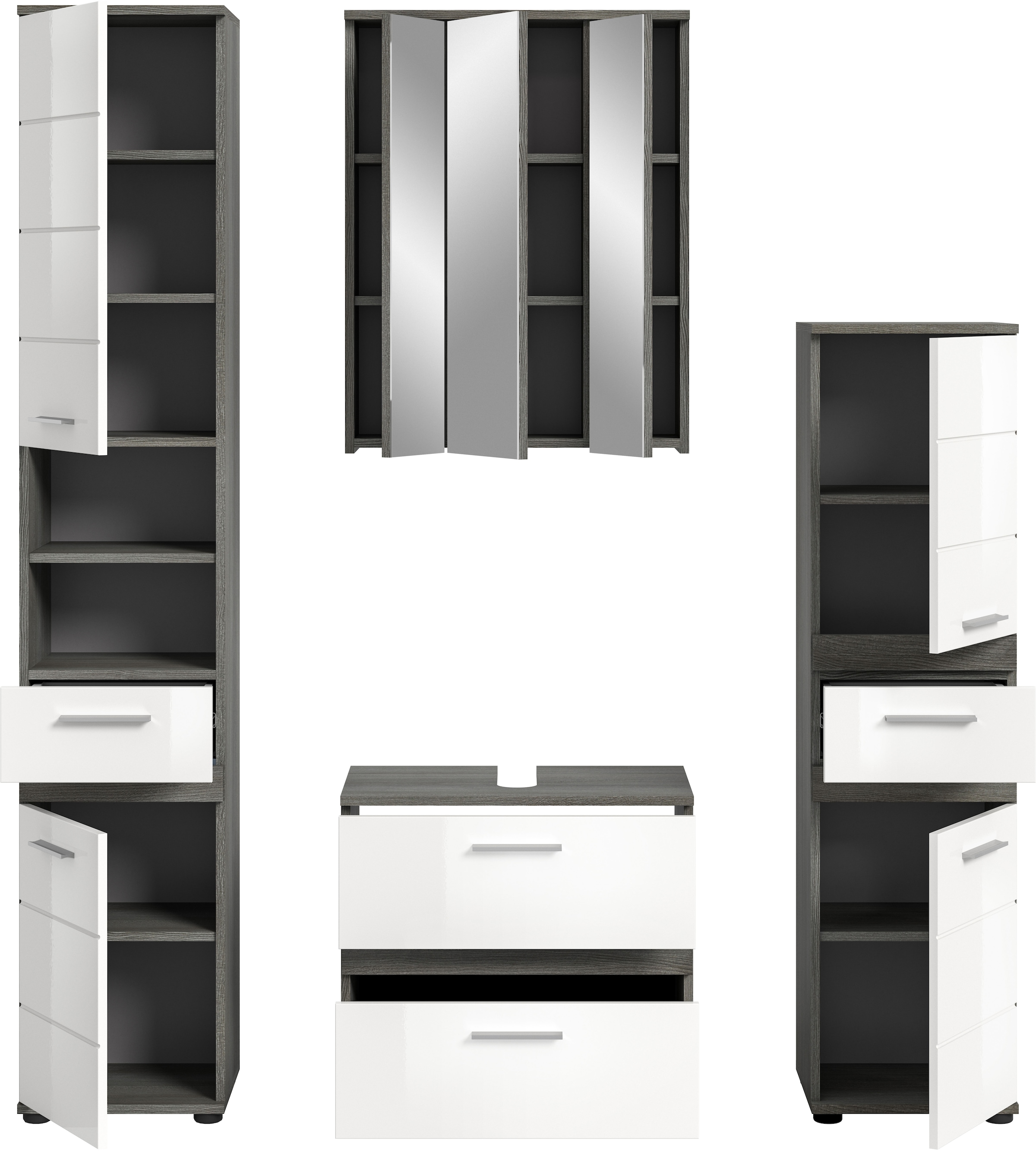 welltime Badmöbel-Set »LUCCA, 4-teilig, TOPSELLER!, MDF Hochglanzfront, bestehend aus:«, (Set, 4 St.), Hochschrank, Waschbeckenunterschrank, Spiegelschrank, Standschrank