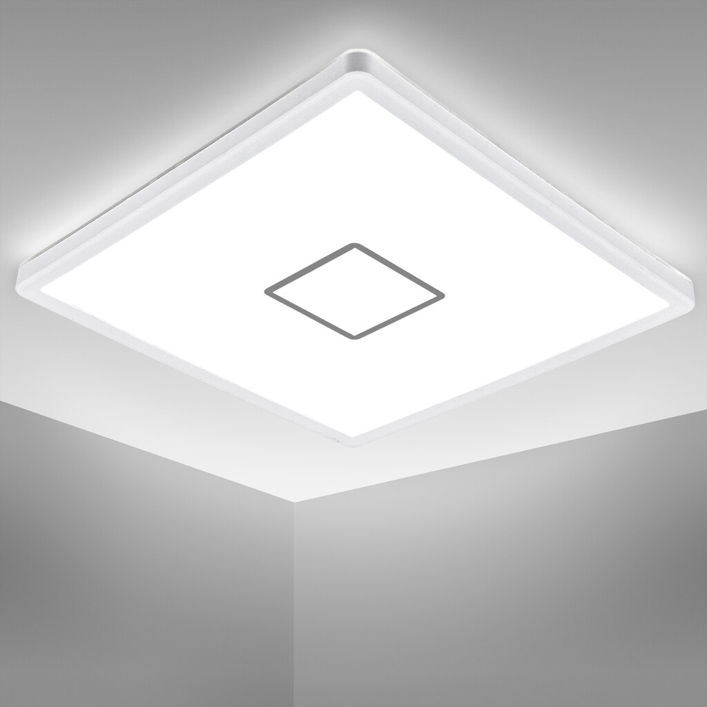 B.K.Licht ultraflache LED Deckenleuchte, weiß-silber, mit Hintergrundbeleuchtungseffekt, inkl. 1 x LED Platine, 18 Watt, 2.400 Lumen, 4.000 Kelvin, Gr. ca. 29 x 29 cm