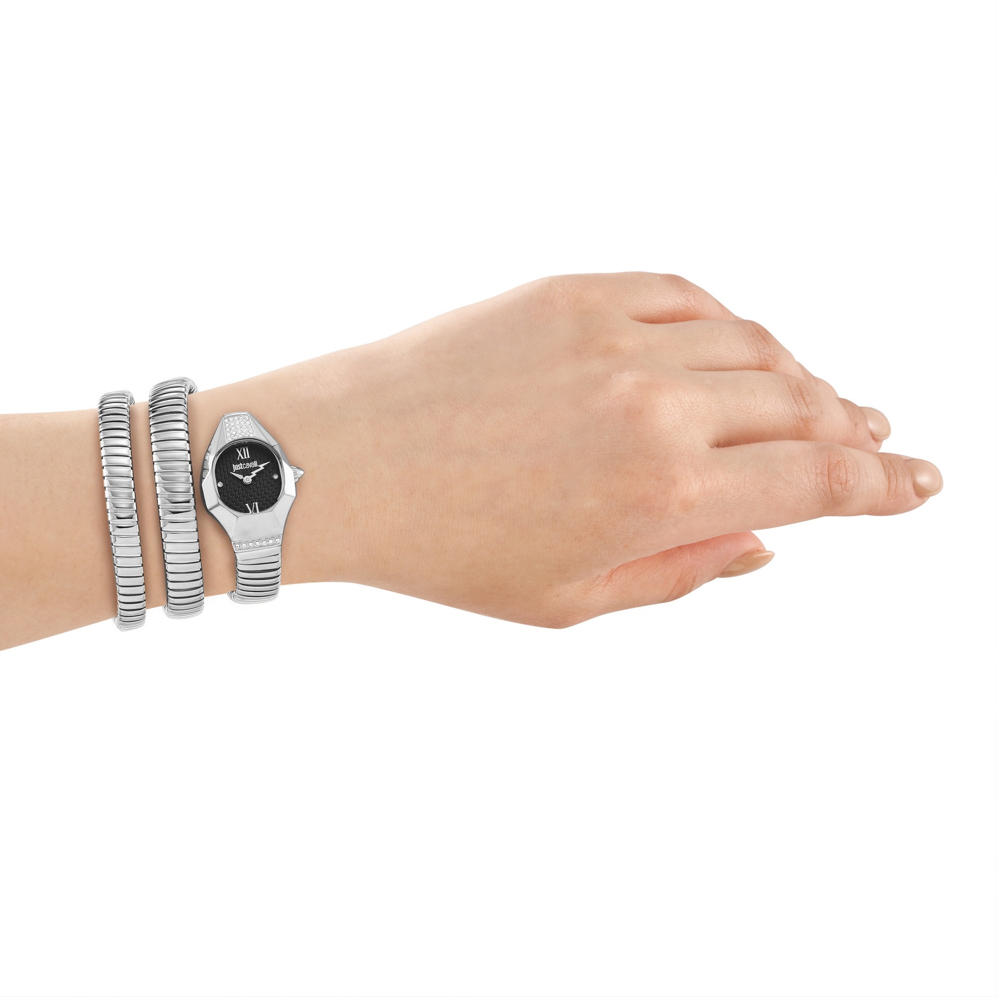 Just Cavalli Time Quarzuhr »Signature Snake« Armbanduhr, Damenuhr, Edelstahlarmband, analog, Kristallsteine
