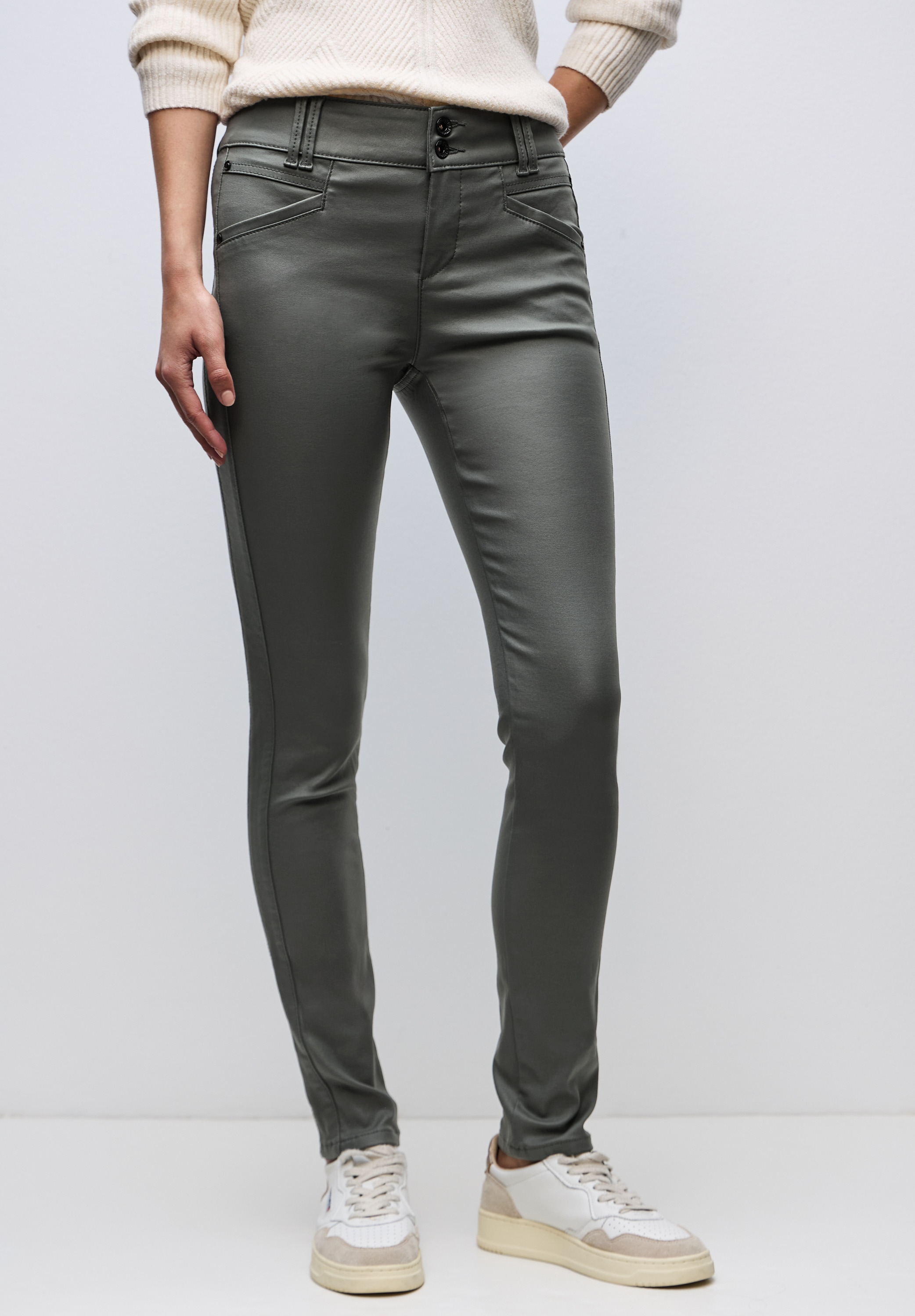 Lederimitathose STREET ONE, Damen, Gr. 36, Länge 32, balsam grün, Stoff, 79% Viskose, 18% Nylon, 3% Elasthan, unifarben, comfort fit normal, Hosen, mit Coating