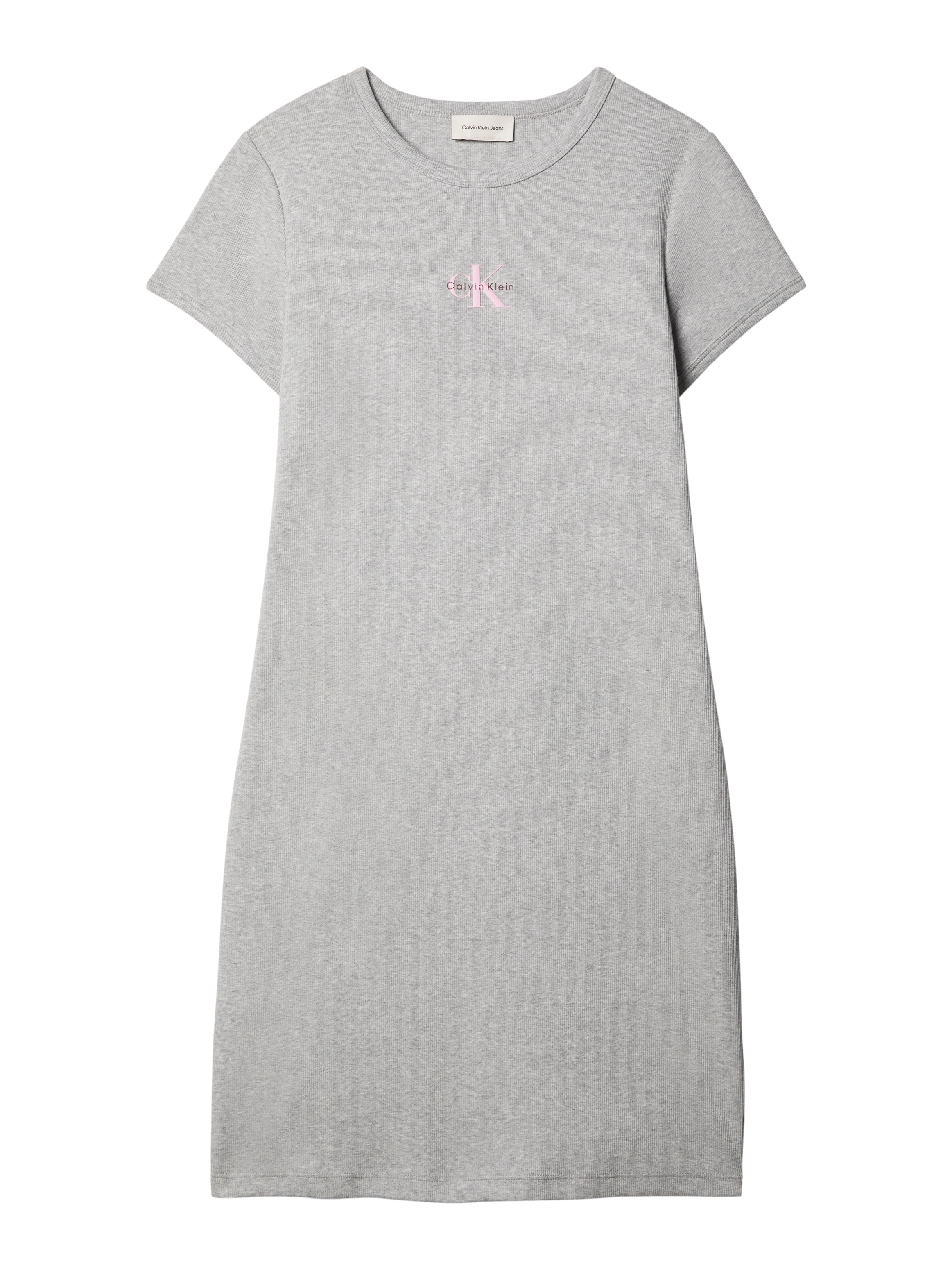 Minikleid CALVIN KLEIN JEANS "MONOLOGO BABY RIB MINI DRESS", Damen, Gr. L (42), N-Gr, heroic grau heather, Jersey, Obermaterial: 95% Baumwolle, 5% Elasthan, meliert, figurbetont mini, Rundhals, eingesetzt abgesteppte Kante, Kleider Minikleid, Figurbetonte 2
