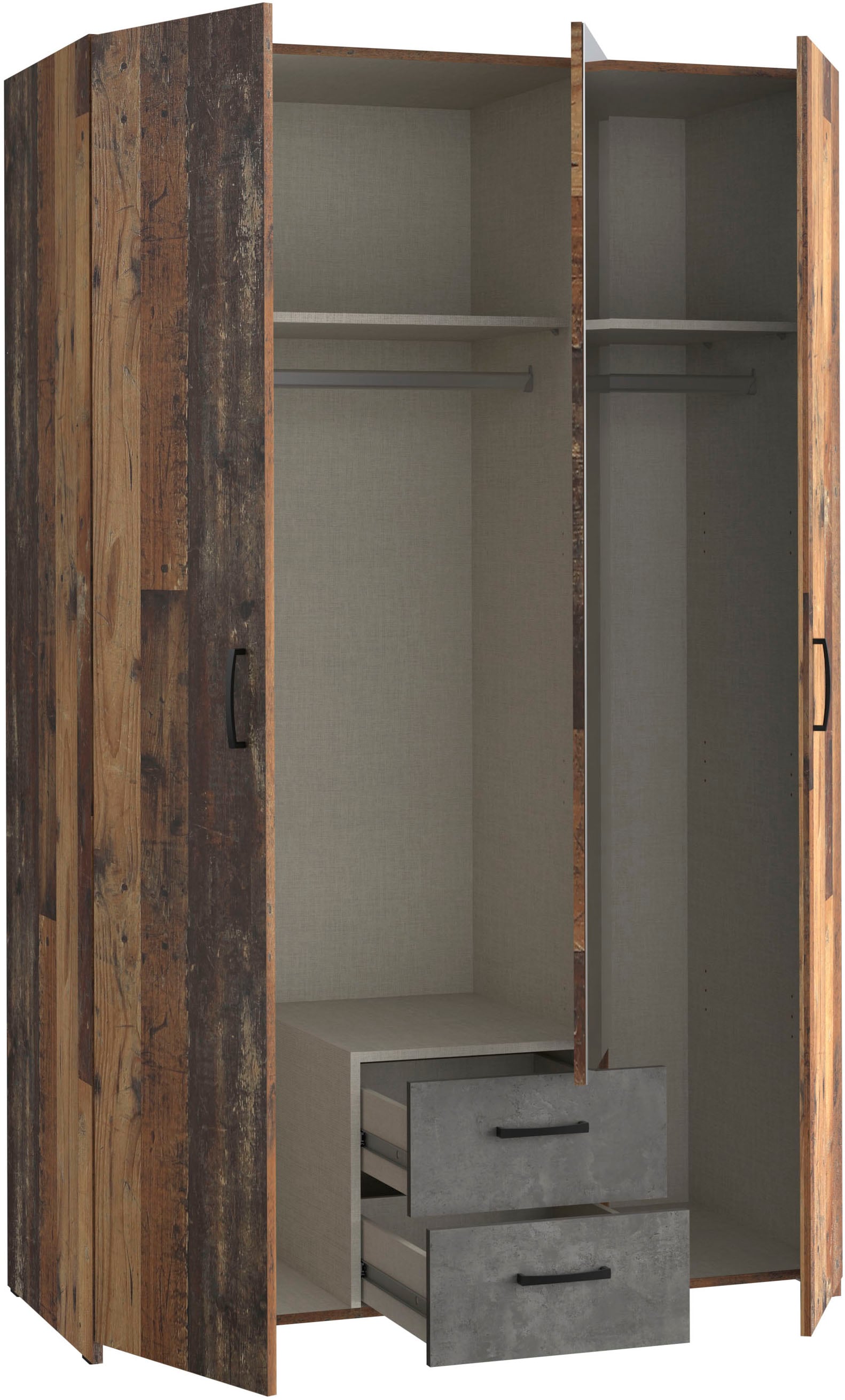 FORTE Kleiderschrank »ECONOBOX, Drehtürenschrank 120cm, mit Spiegel, 2 Schubkästen« B/H/T 119,4/190,5/54,4 cm, Old Wood Vintage/Betonoptik dunkelgrau