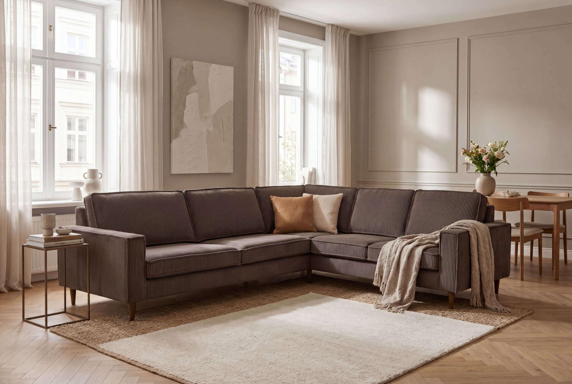 OTTO home Ecksofa "Pinto Skandi, 290 cm, Chenille, Struktur, Ottomane links / rechts" mit Keder, Massivholzfüße Eiche geräuchert, Wellenunterfederung