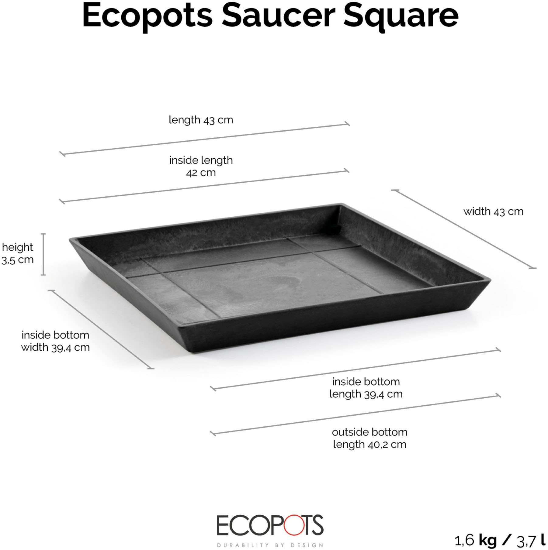 ECOPOTS Blumentopfuntersetzer »SQUARE SAUCER Dark Grey« BxTxH: 43x43x3,5 cm