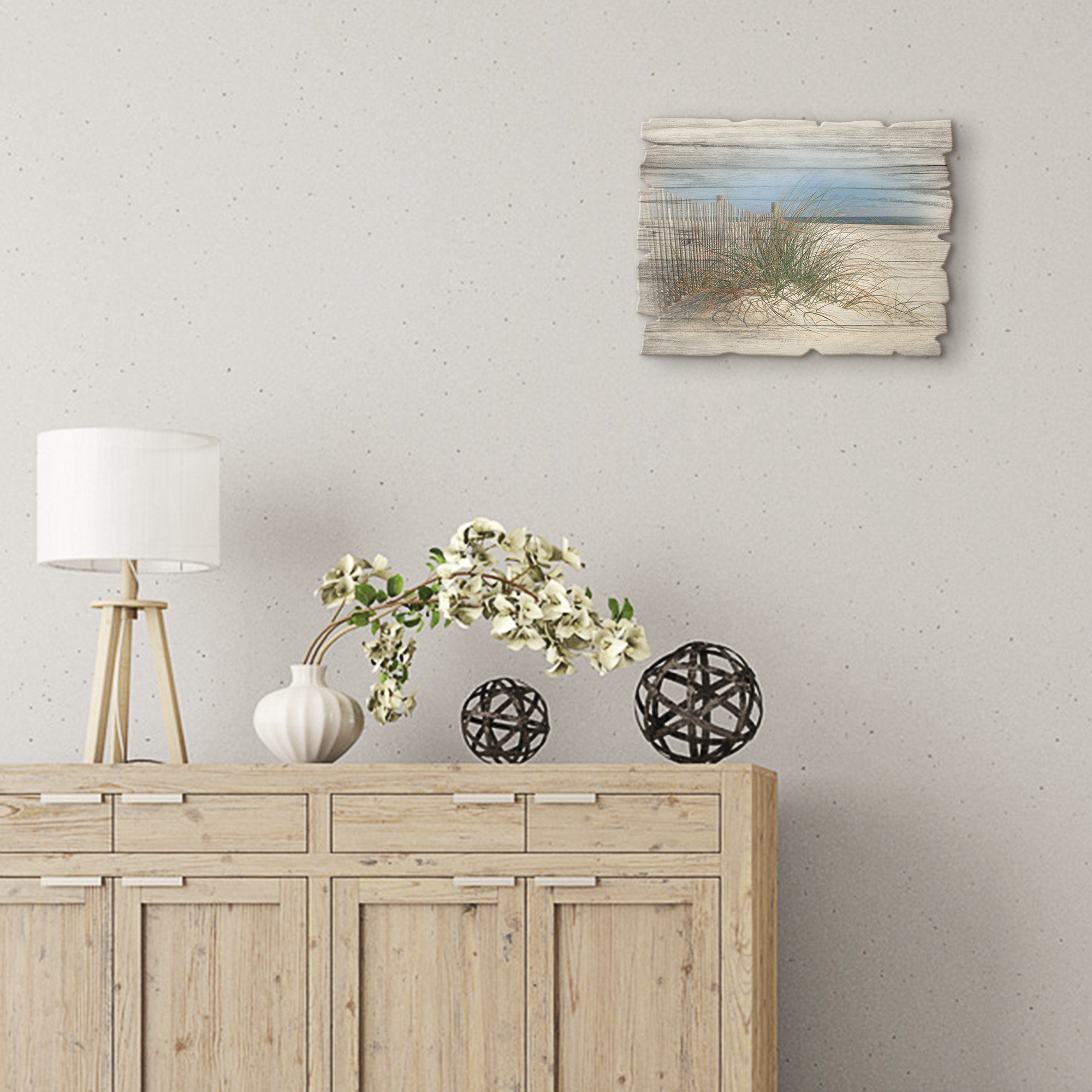 Artland Holzbild "Schöne Sanddüne mit Gräsern und Zaun" Strand 1 Stk. tlg. günstig online kaufen