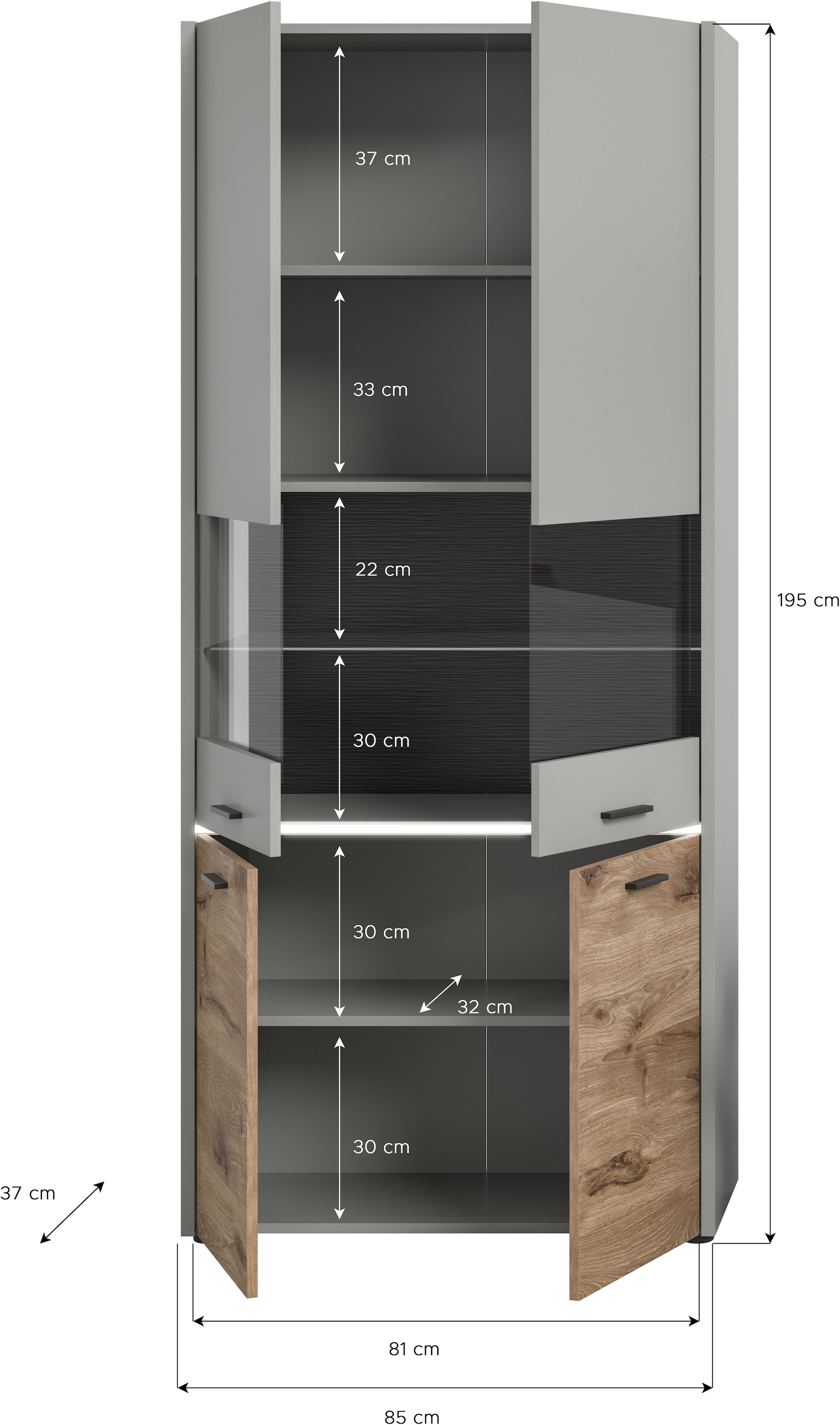 INOSIGN Vitrine »Spezia, Höhe 195 cm, in Hellgrau mit Strukturrückwand«, Standvitrine, Glasvitrine, Vitrinenschrank, Wohnzimmer-Vitrine