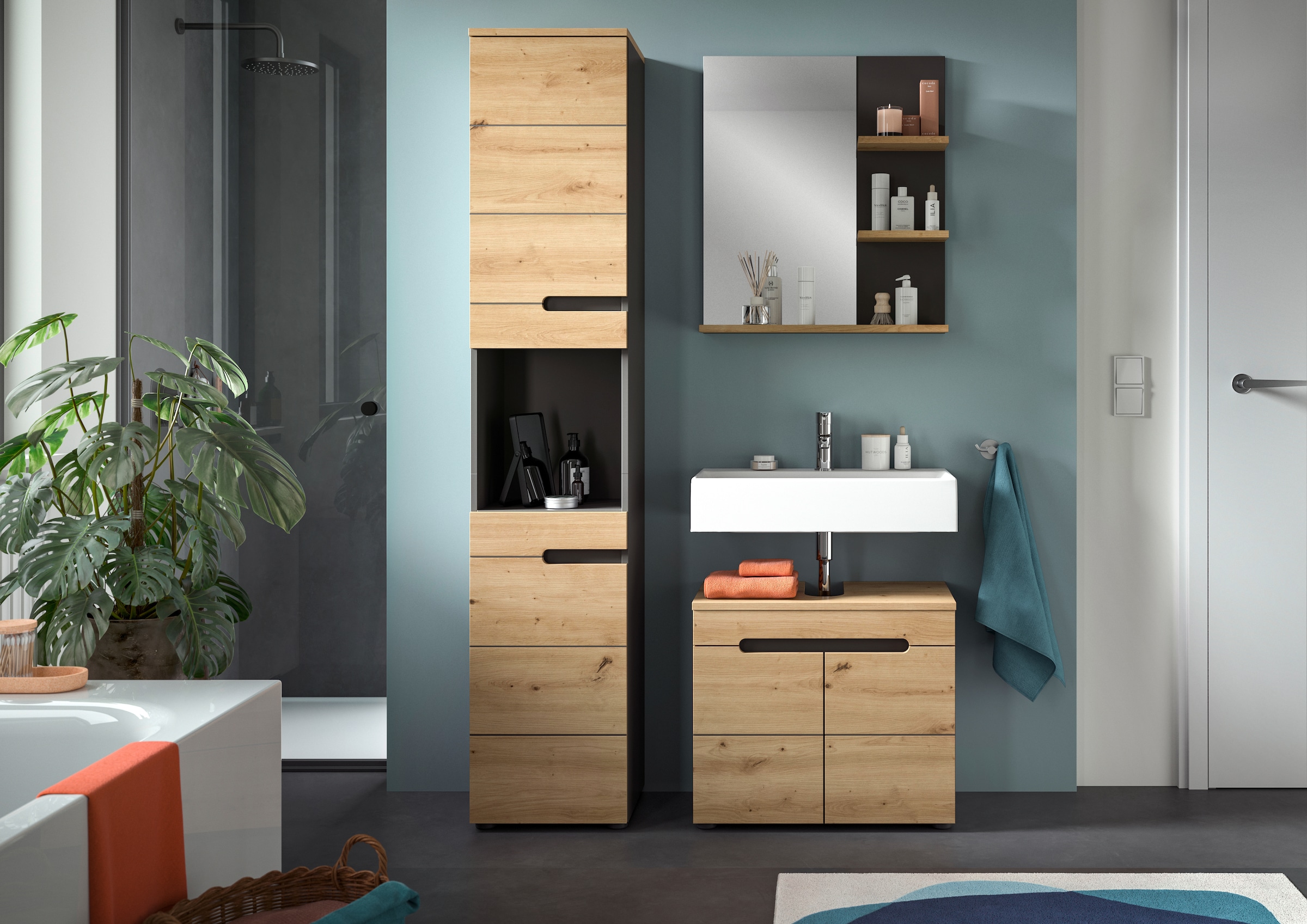 INOSIGN Badmöbel-Set »REHAT, 3-teilig, Breite 133 cm, mit grifflosen Fronten, bestehend aus:«, (3 St.), 1x Hochschrank, 1x Waschbeckenunterschrank & 1x Spiegelschrank