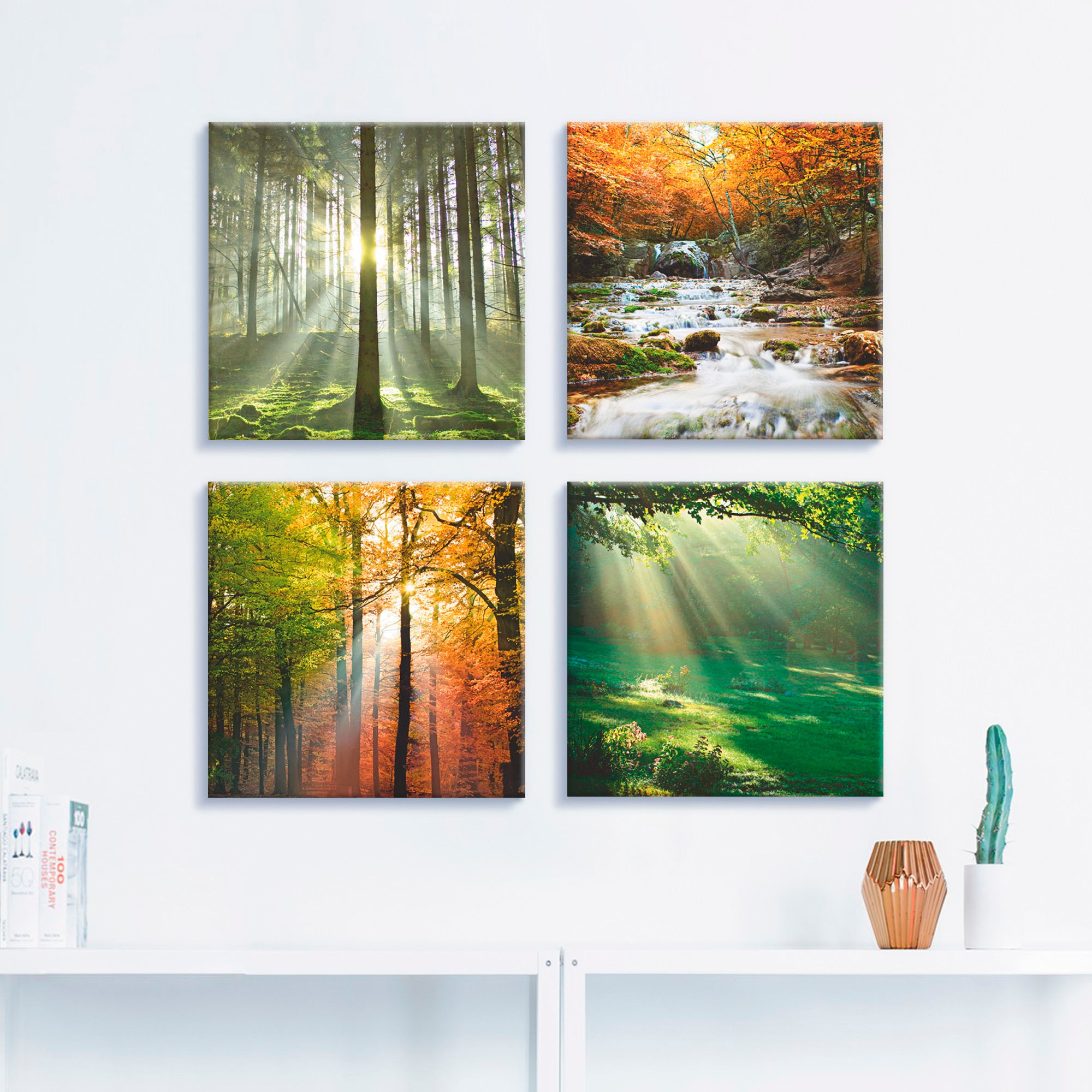 Artland Leinwandbild "Wald Wasserfall Herbsttag" Wald 4 Stk. tlg. 4er Set, günstig online kaufen