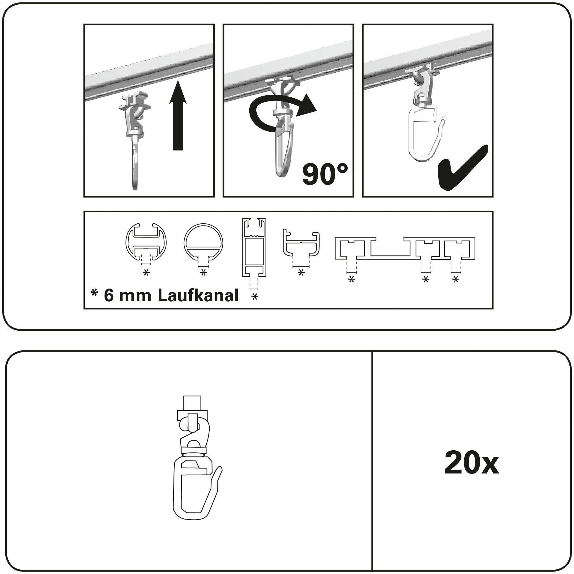 GARDINIA Gardinengleiter »Drehgleiter für 6 mm Laufkanal mit Faltenlegehaken«, (20 St.), Serie Einzelprogramm Chicago Ø 20 mm