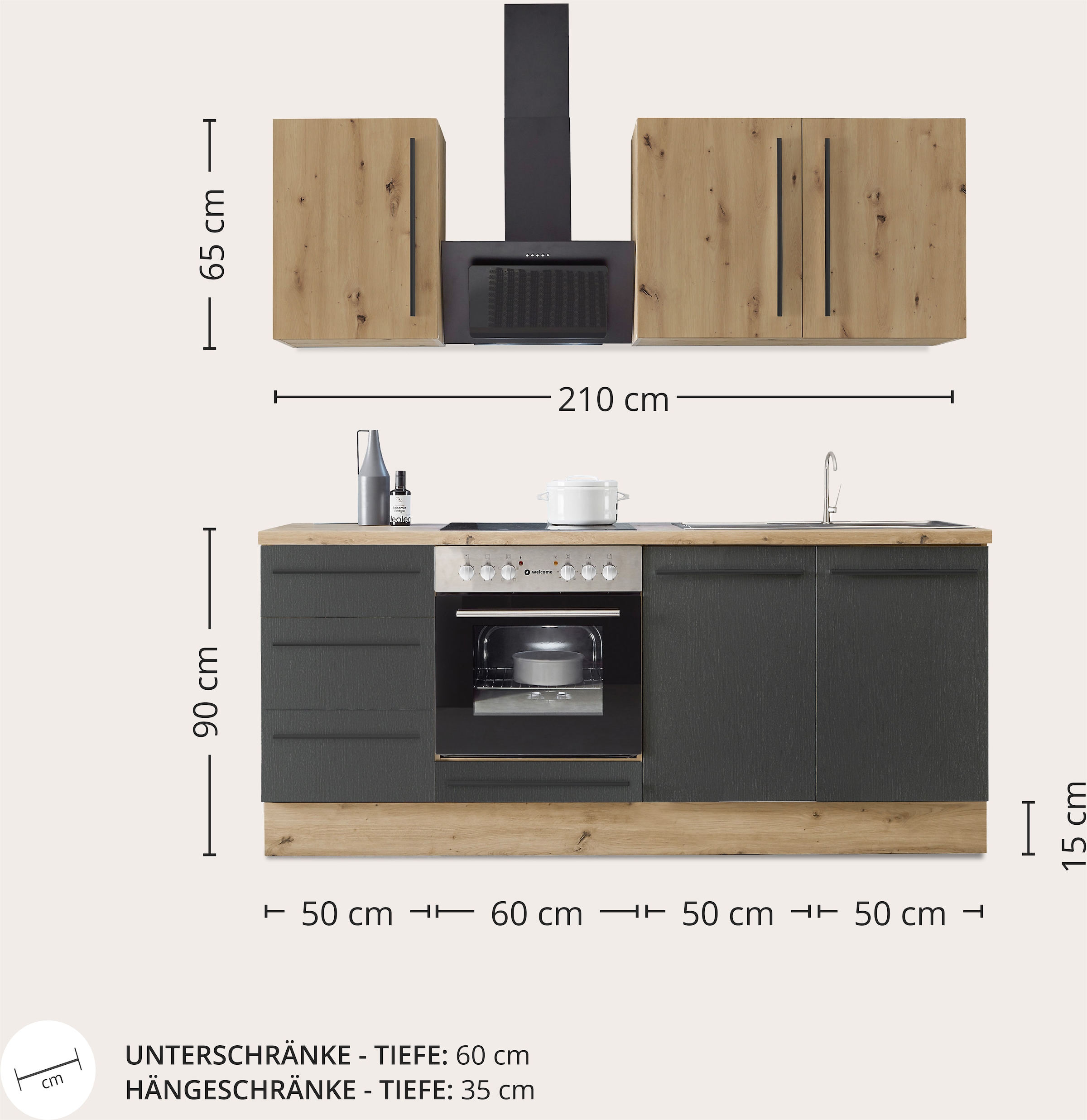 KOCHSTATION Küchenzeile »KS-Florida mit 38mm starker Arbeitsplatte«, Breite 220 cm, wahlweise mit E-Geräten, Soft-Close-Funktion