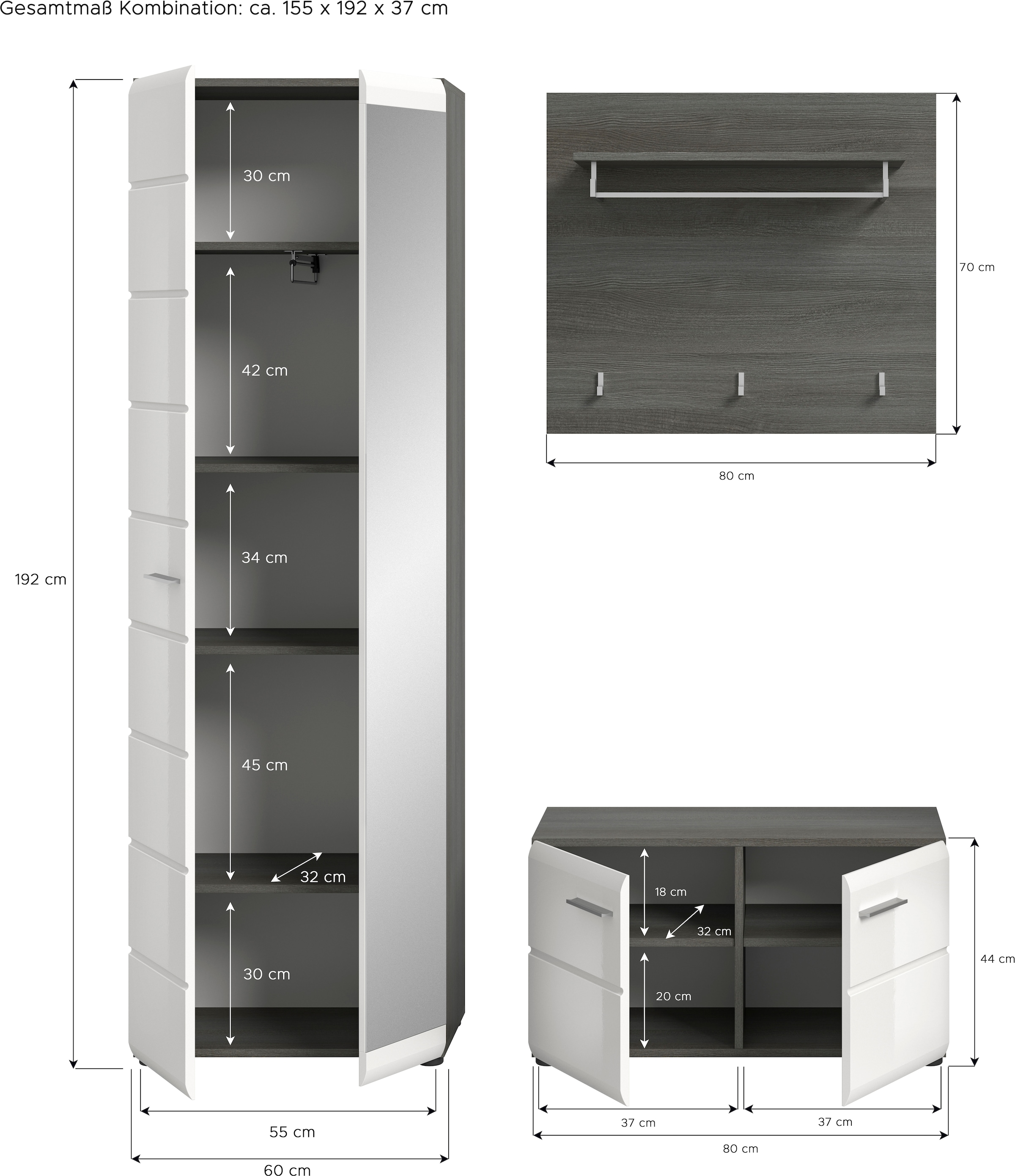 INOSIGN Garderoben-Set »Rumba, 3-teilig, Breite 155 cm, Hochglanz Front, bestehend aus:«, (3 St.), Garderobenschrank, Sitzbank, Garderobenpaneel