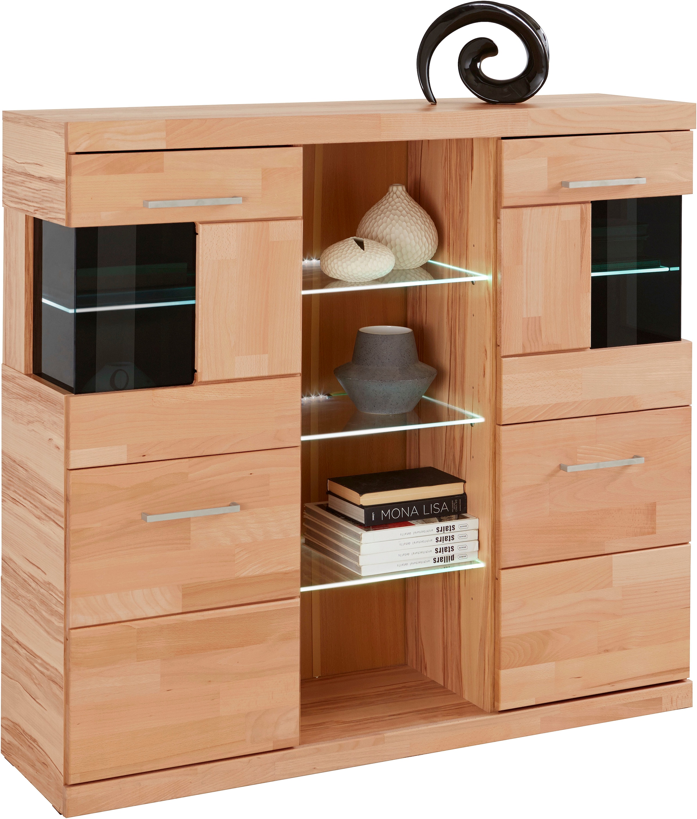 Home affaire Highboard »Ribe,120cm breit,112cm hoch, Fronten Massivholz,12 Fächer«, Holz massiv, Holzwerkstoff, Metall Griffe,2Türen mit Glaseinsatz