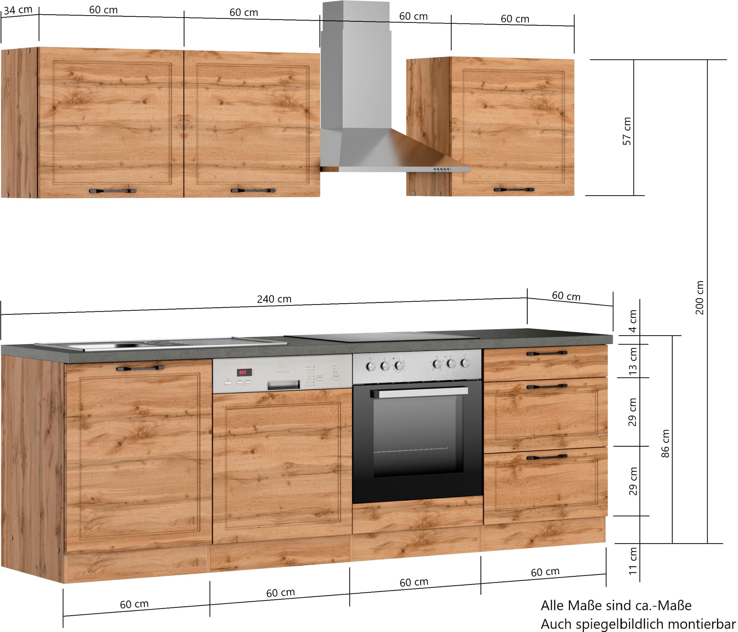 Kochstation Küchenzeile »KS-Lani, mit MDF-Fronten«, Breite 240 cm, wahlweise mit E-Geräten, Höhen-Ausgleichsfüße 0-4 cm