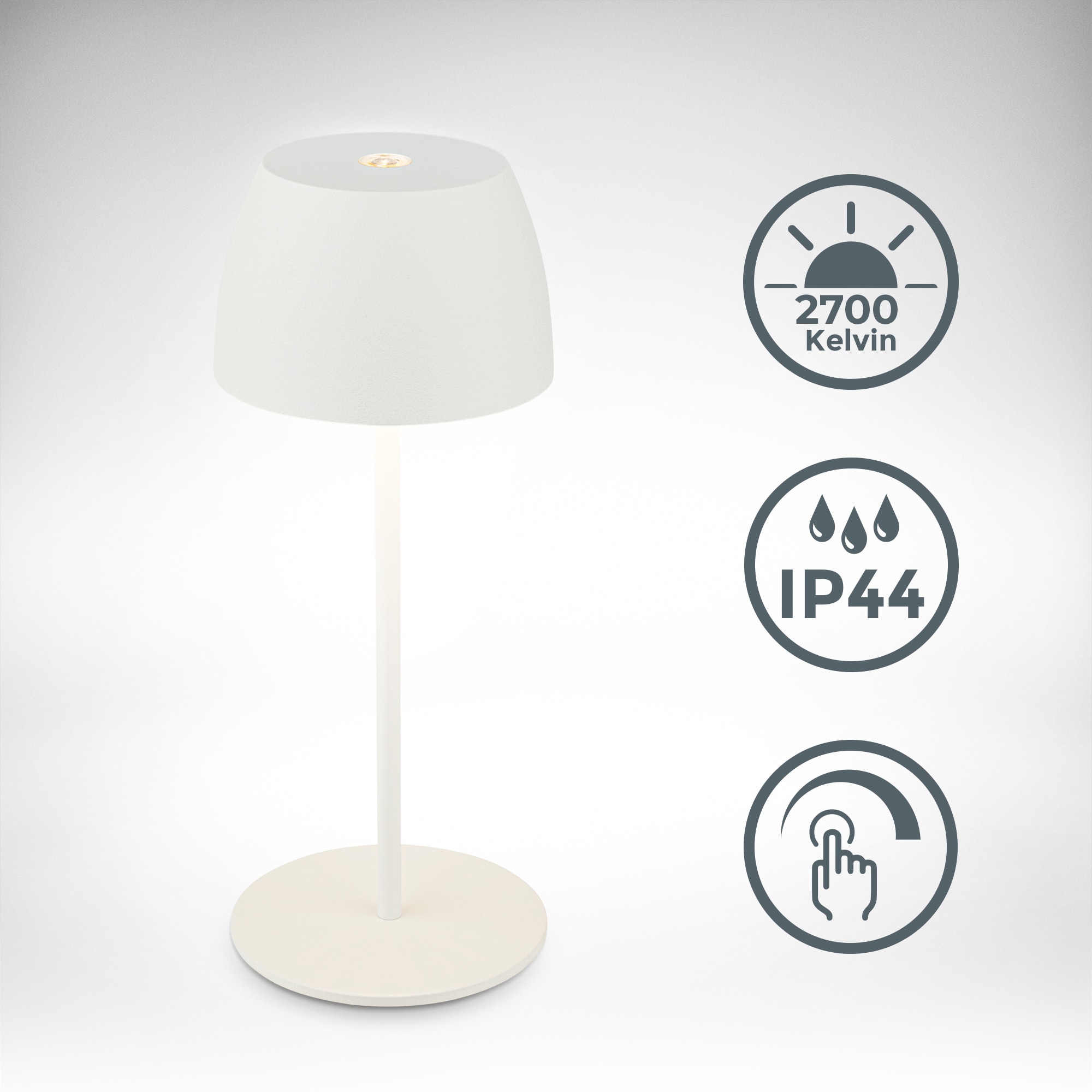 B.K.Licht Außen-Tischleuchte »BK_TL1605 Mini Akku LED Tischlampe, Touchdimmer, mit USB-C«, 1 flammig, Leuchtmittel LED-Modul | LED fest integriert, 2.700 K, 150 Lm, 2,5W, IP44, Akku wechselbar, 4h-24h Leuchtdauer, Weiß