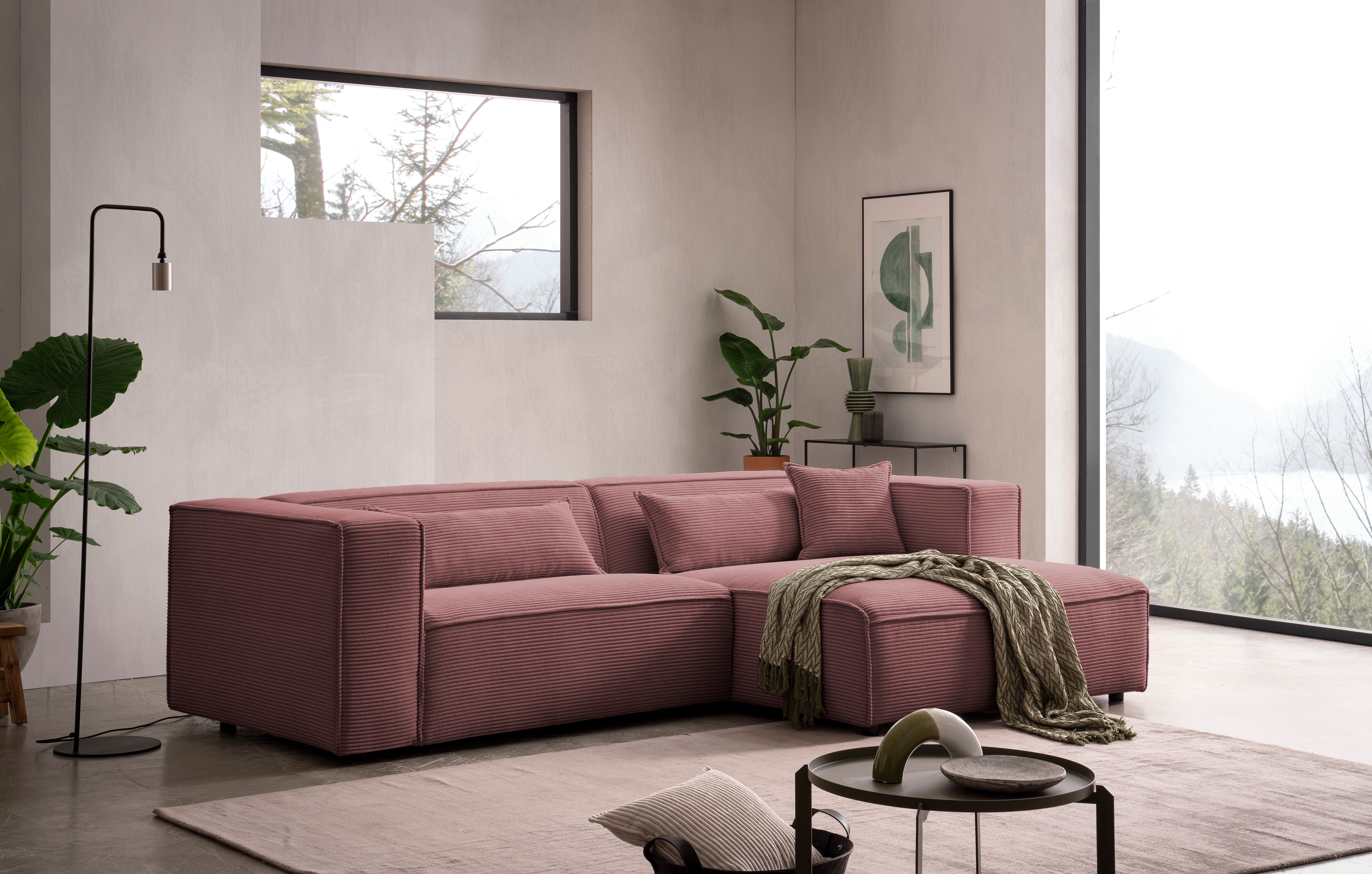 LeGer Home by Lena Gercke Ecksofa "PIARA Cord mit Kedernaht L-Form" wahlweise Ottomane rechts/links, schwarze Füße, bequemer Sitzkomfort