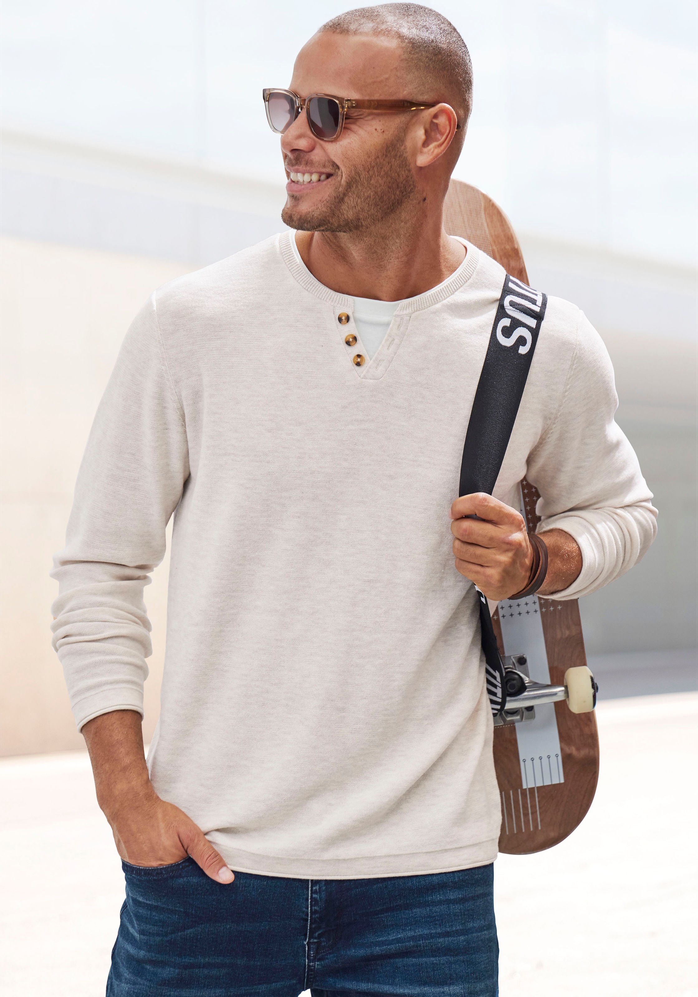 H.I.S Strickpullover, Pullover mit hochwertiger Halslochverarbeitung in double-layer Optik