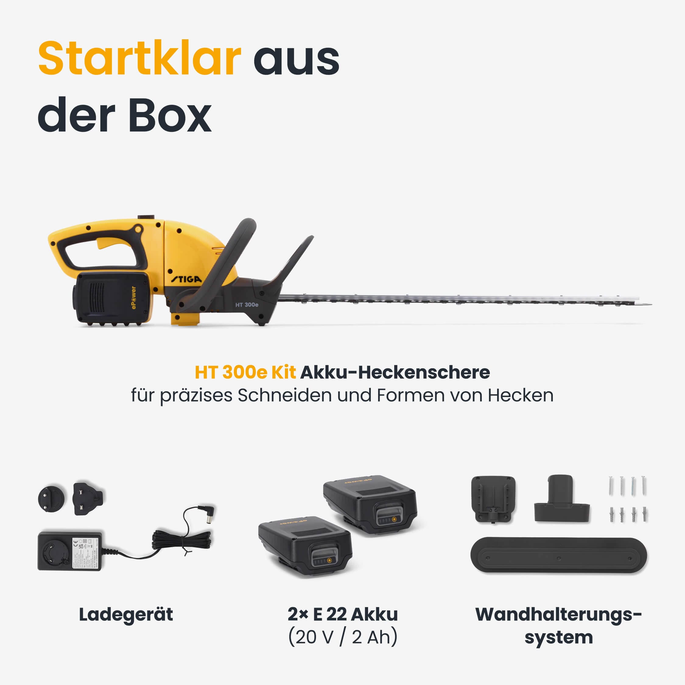 STIGA GARDEN Akku-Heckenschere »HT 300e« (Set, Inkl. 2x 20 V (2 Ah) Akku, Schutzhülle, Wandhalterung und Ladegerät, )