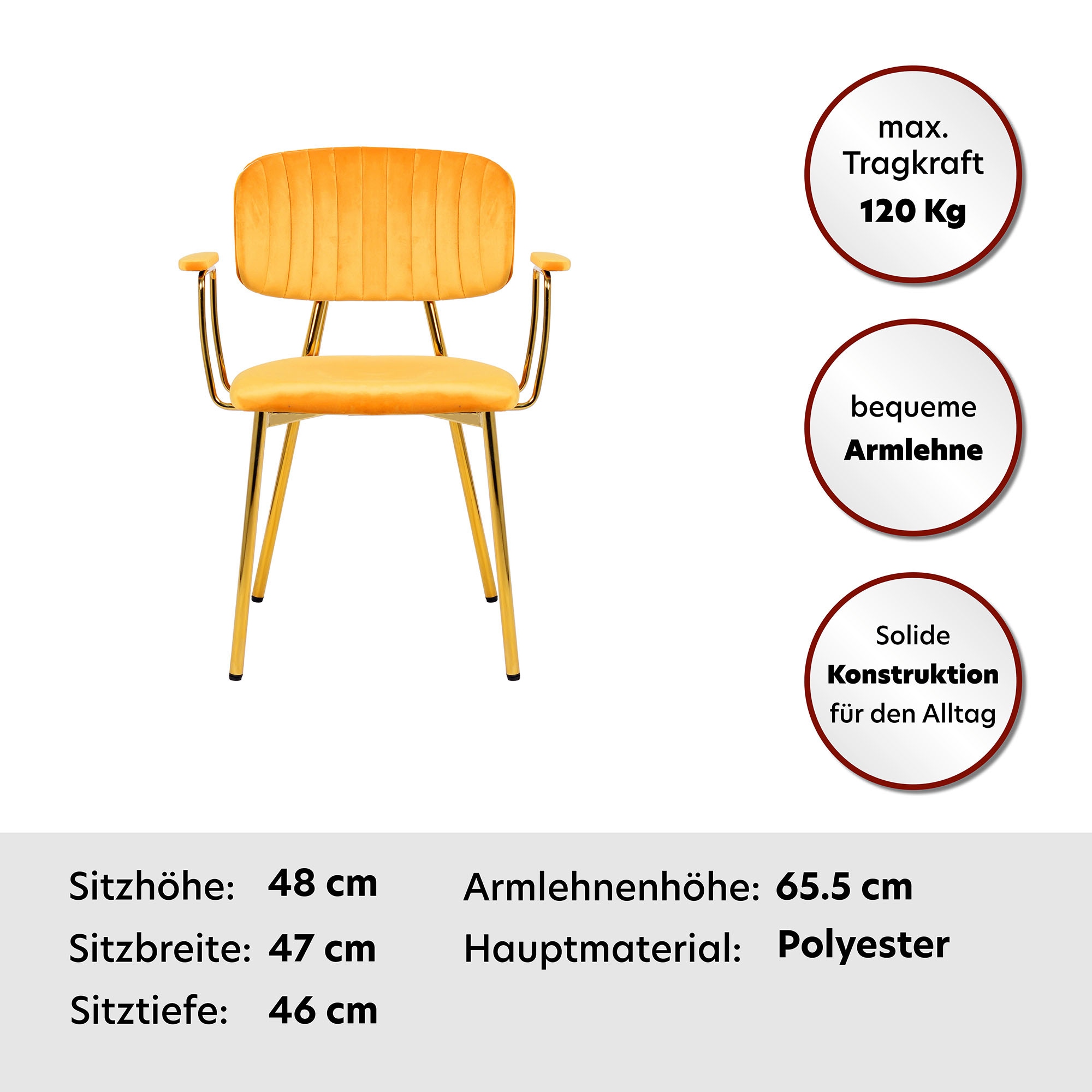 Kayoom Polsterstuhl »Stuhl Giselle 225 2er-Set, Gestell aus Edelstahl«, (Set), 2 St., mit Armlehnen, goldenes Gestell aus Edelstahl, Samtbezug, Ziernähte