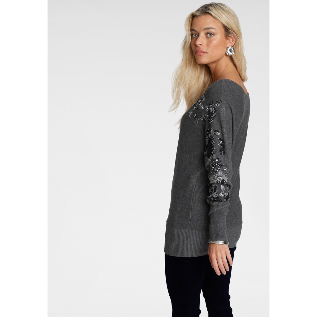 Damenmode Pullover Melrose Fledermauspullover, mit Blumenmuster und Glitzersteinen dunkelgrau Damenmode Pullover Melrose Fledermauspullover, mit Blumenmuster und Glitzersteinen dunkelgrau