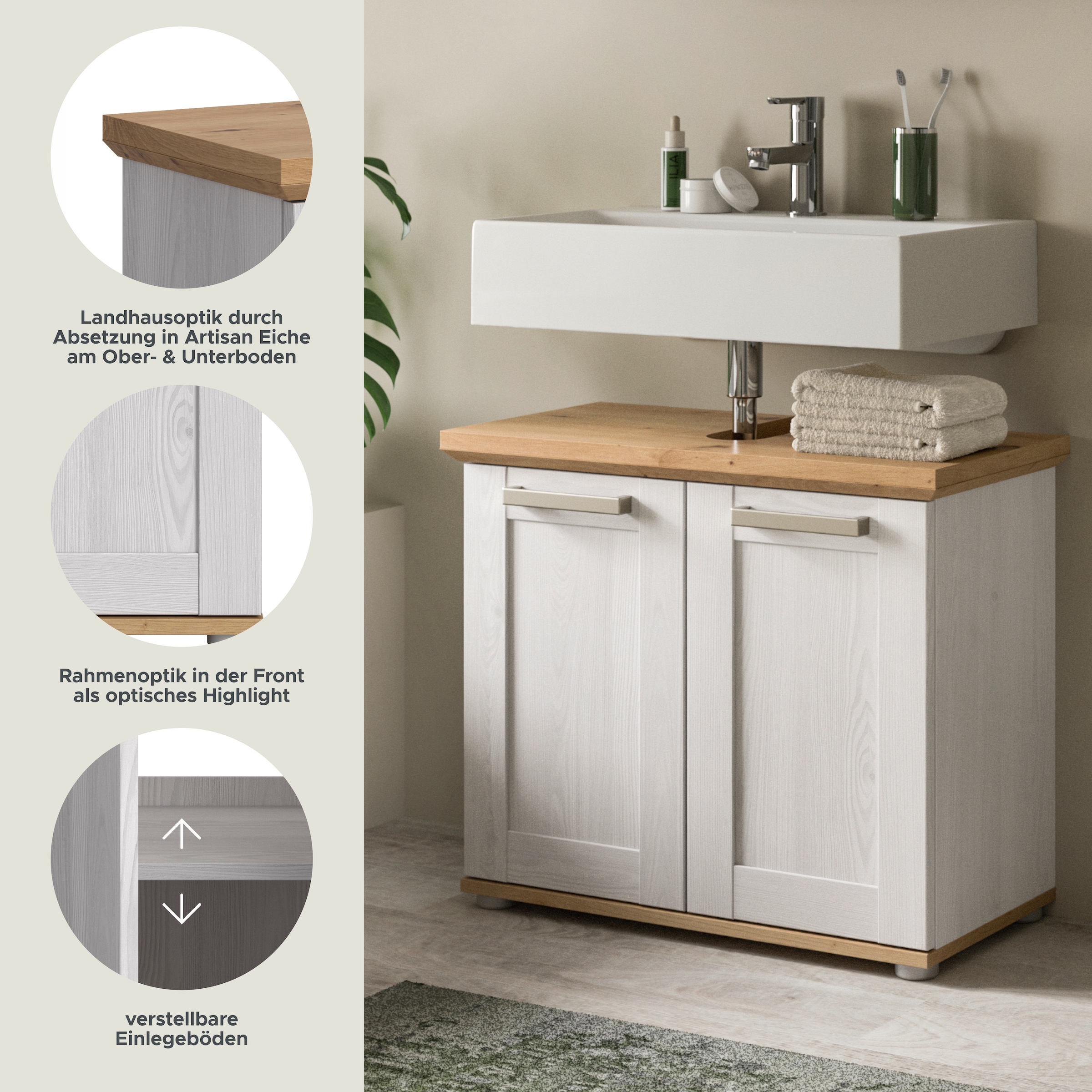 welltime Waschbeckenunterschrank »COSENZA, Breite 69cm, 2 Türen, 1 Einlegeboden, mit Siphonausschnitt« in Landhausoptik, mit weiteren Artikel der Serie kombinierbar, 1 Stk. tlg. Waschbeckenunterschrank, WBU, Bad, Badezimmer