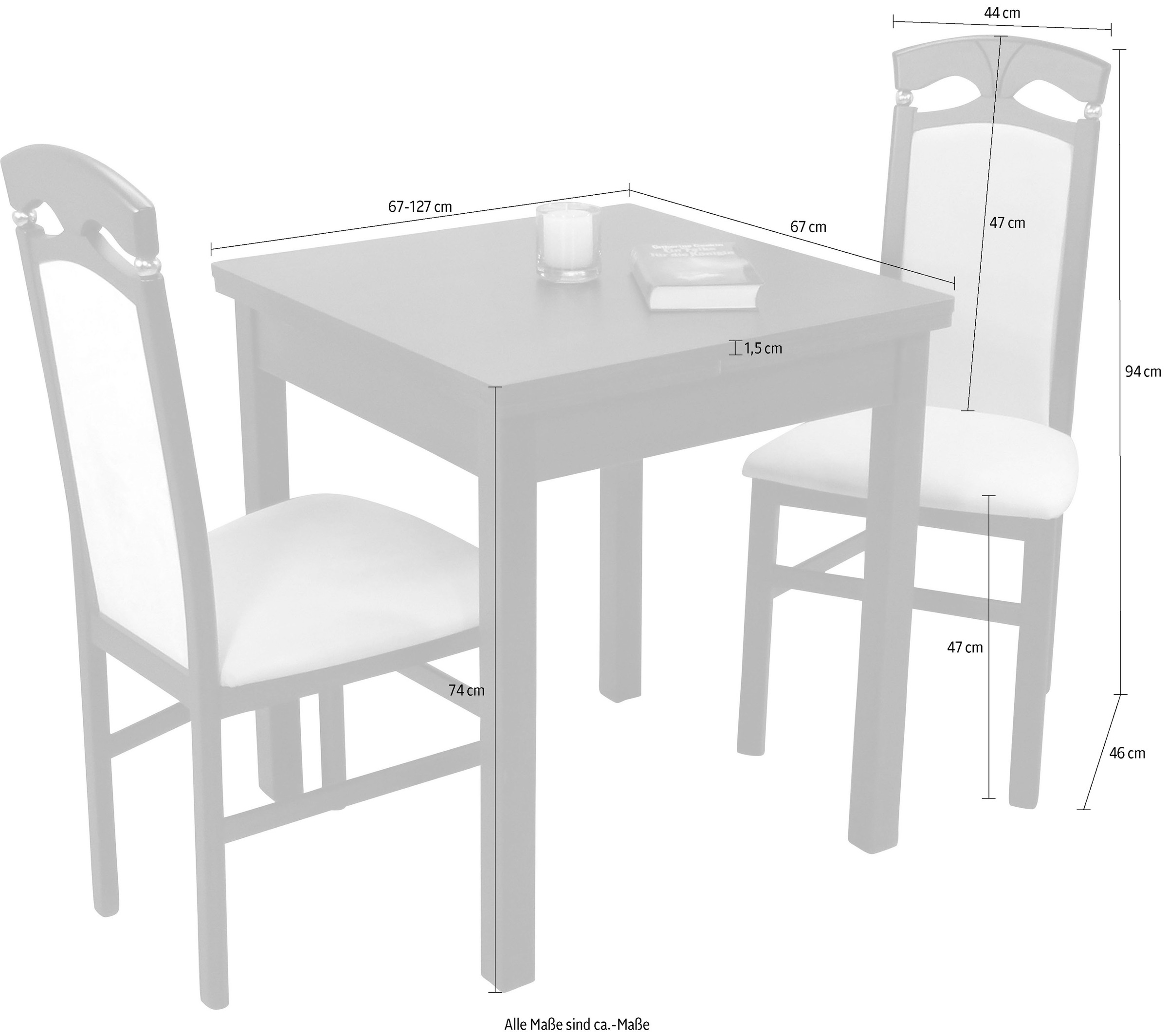 HOFMANN LIVING AND MORE Essgruppe »Anthony«, (Spar-Set, 3 tlg., 1 Tisch, 2 Stühle), Stuhlgestell und Tischbeine aus Massivholz, Tisch mit 2 Ansteckplatten