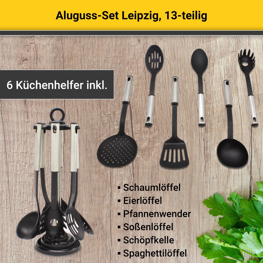 Krüger Pfannen-Set »Aluguss Topf- und Pfannenset LEIPZIG inkl. Küchenhelfern, 13 tlg.«, Aluminiumguss, (Set, 13 tlg., je 1x Bratpfanne Ø 24/28 cm, je 1x Kochtopf Ø 20/24 cm)