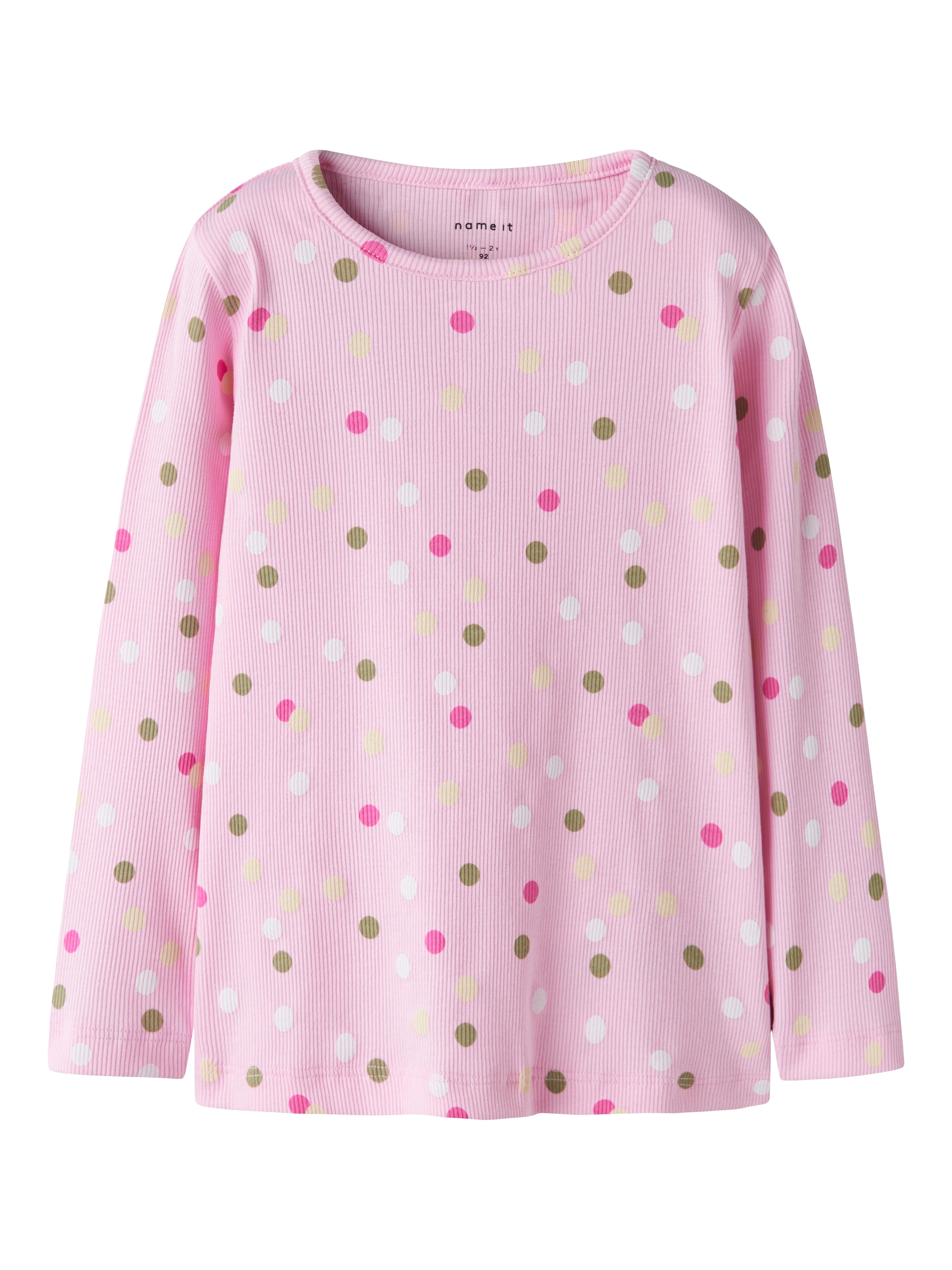 Langarmshirt NAME IT "NMFDOTTIA LS SLIM TOP", Mädchen, Gr. 98, pirouette, Rippware, Obermaterial: 95% Baumwolle, 5% Elasthan, bedruckt, gepunktet, figurbetont normal, Rundhals, Shirts Langarmshirt