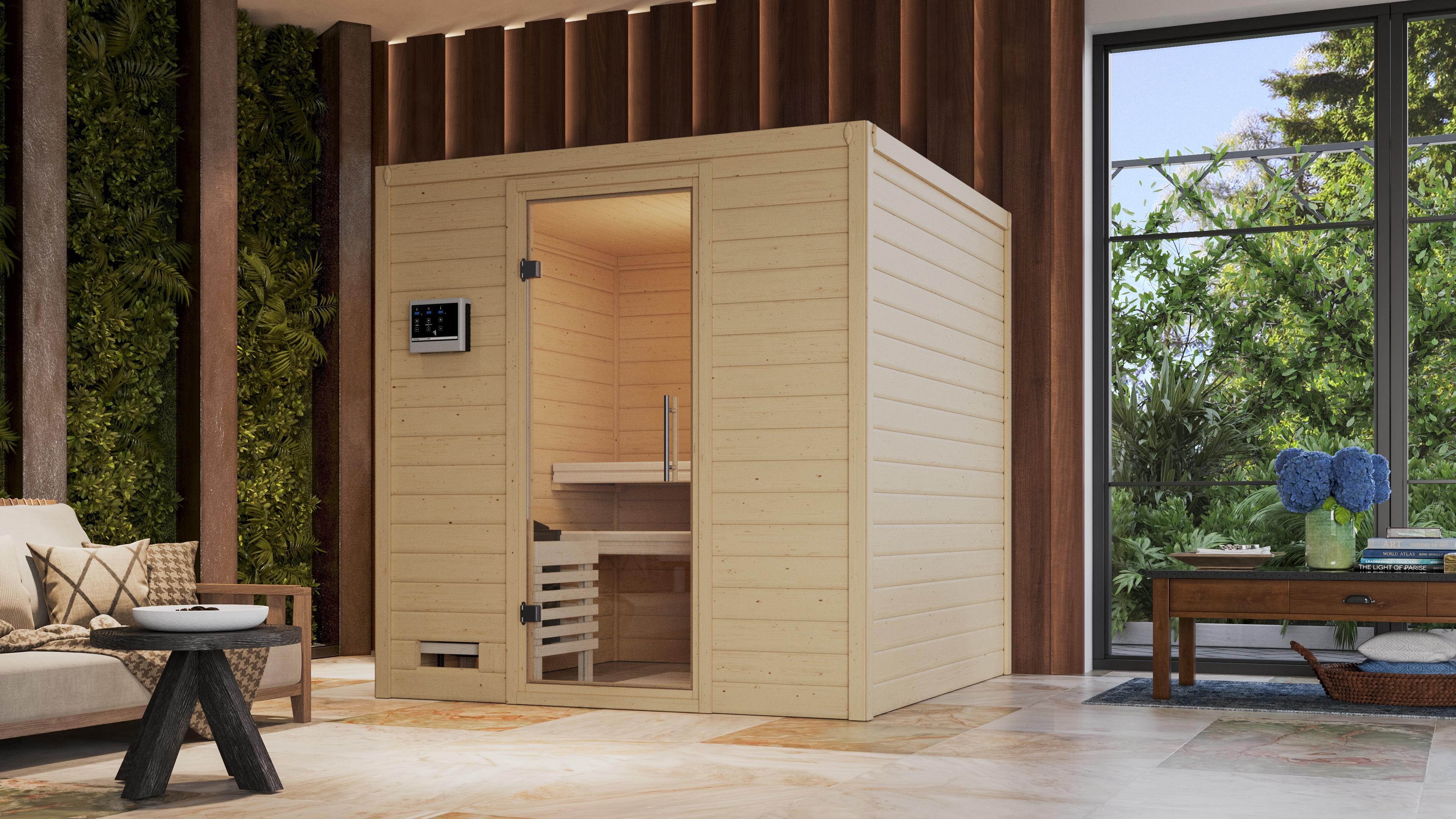 Karibu Sauna "Menja" Set, Ofen 9 kW Bio externe Strg easy