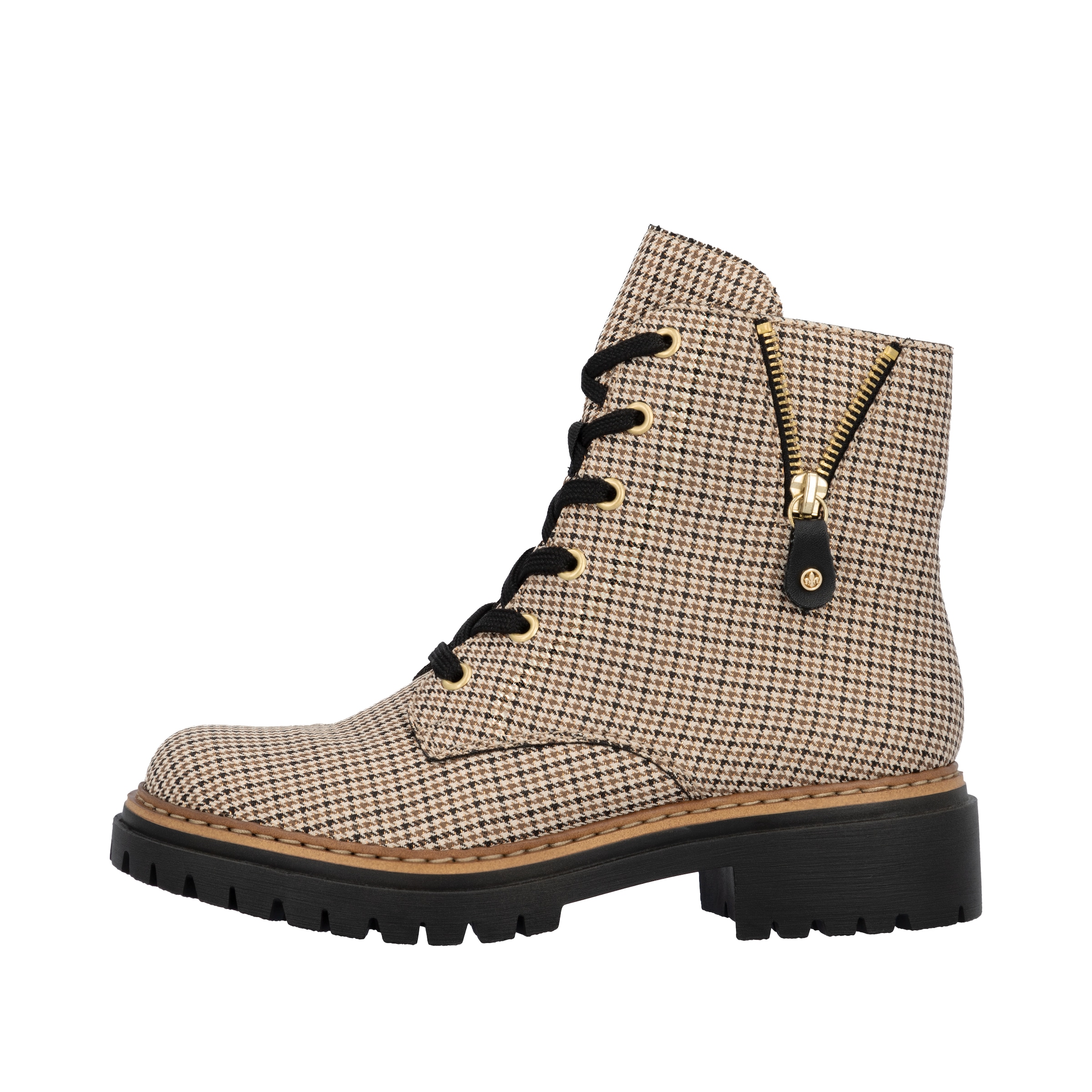 Rieker Schnürstiefelette, Schnürboots, Herbstboots, Profilsohle, Blockabsatz, im Pepita-Look