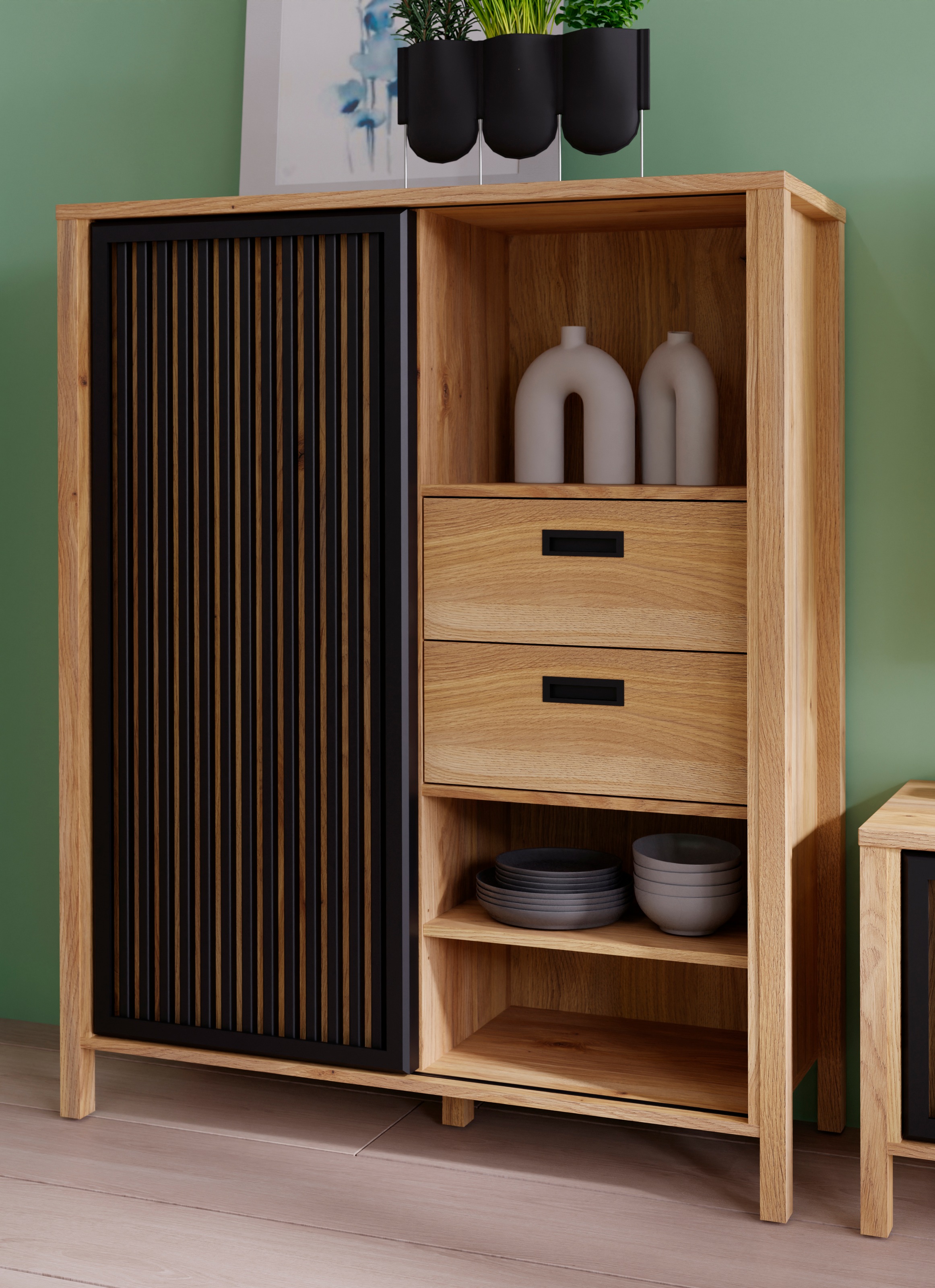 FORTE Highboard "Jytana", Breite 103,4 cm, Schiebetüre mit Lamellenoptik, Mauvella Eiche/Schwarz