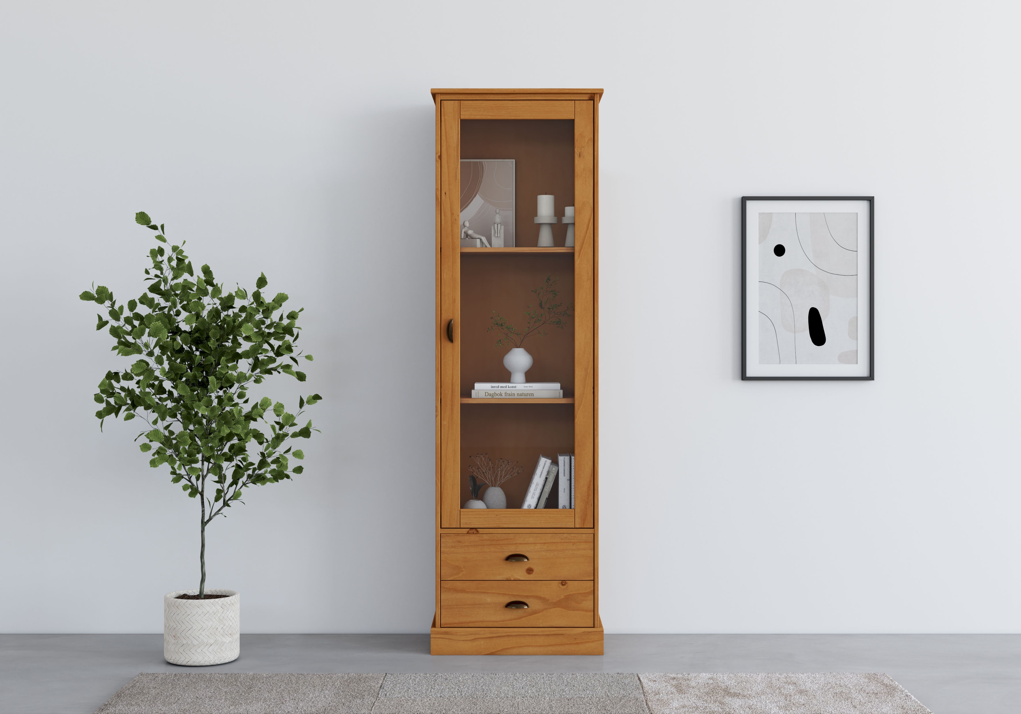 OTTO home Vitrine "Schröder" mit 1 Schiebetür, 2 Schubkästen, aus massivem Kiefernholz, Breite 55cm