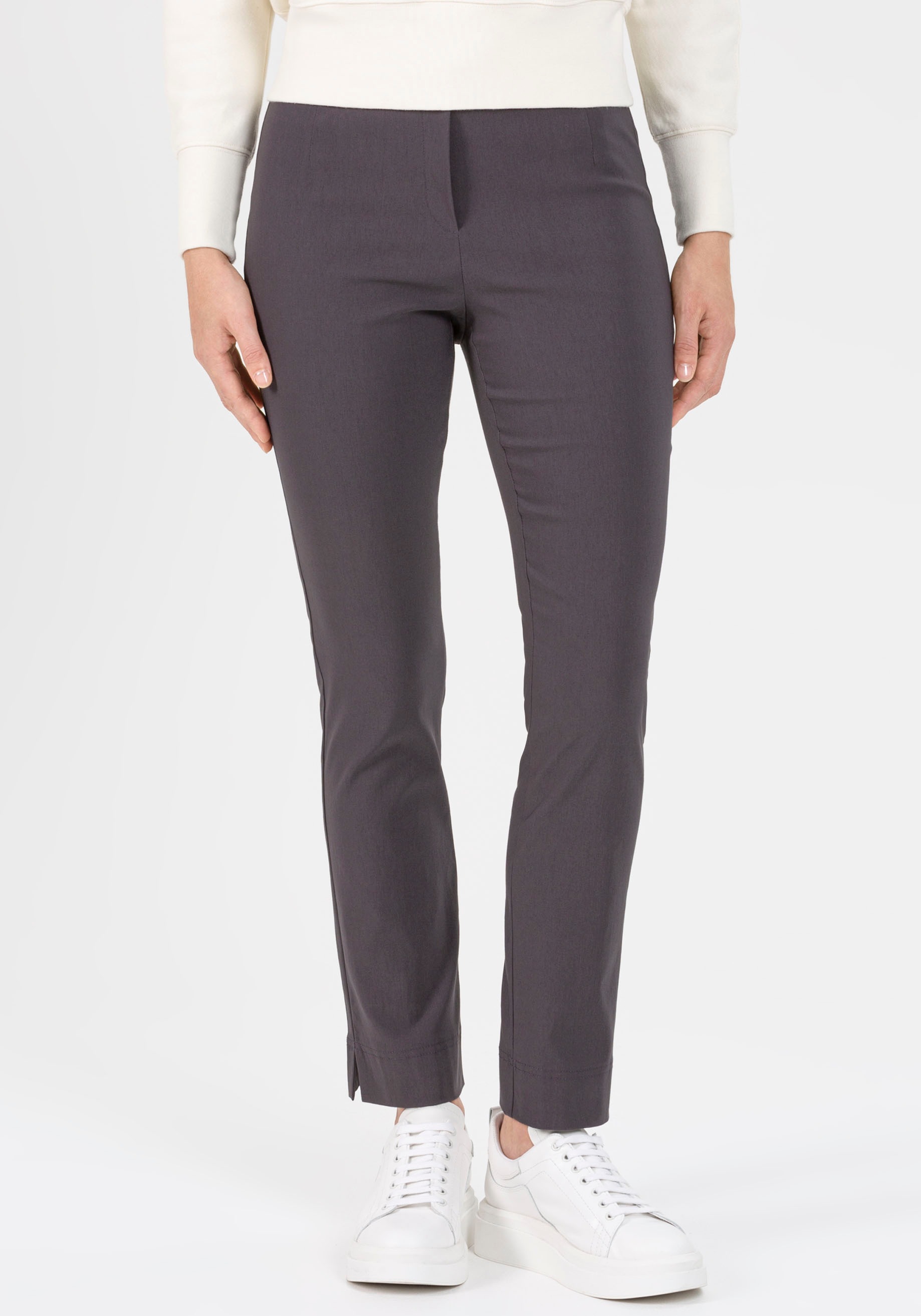 Stretch-Hose STEHMANN "INA", Damen, Gr. 46, N-Gr, grau (graphit), Web, Obermaterial: 72% Viskose, 25% Polyamid, 3% Elasthan, unifarben, figurbetont knöchellang, Hosen, mit Stretch