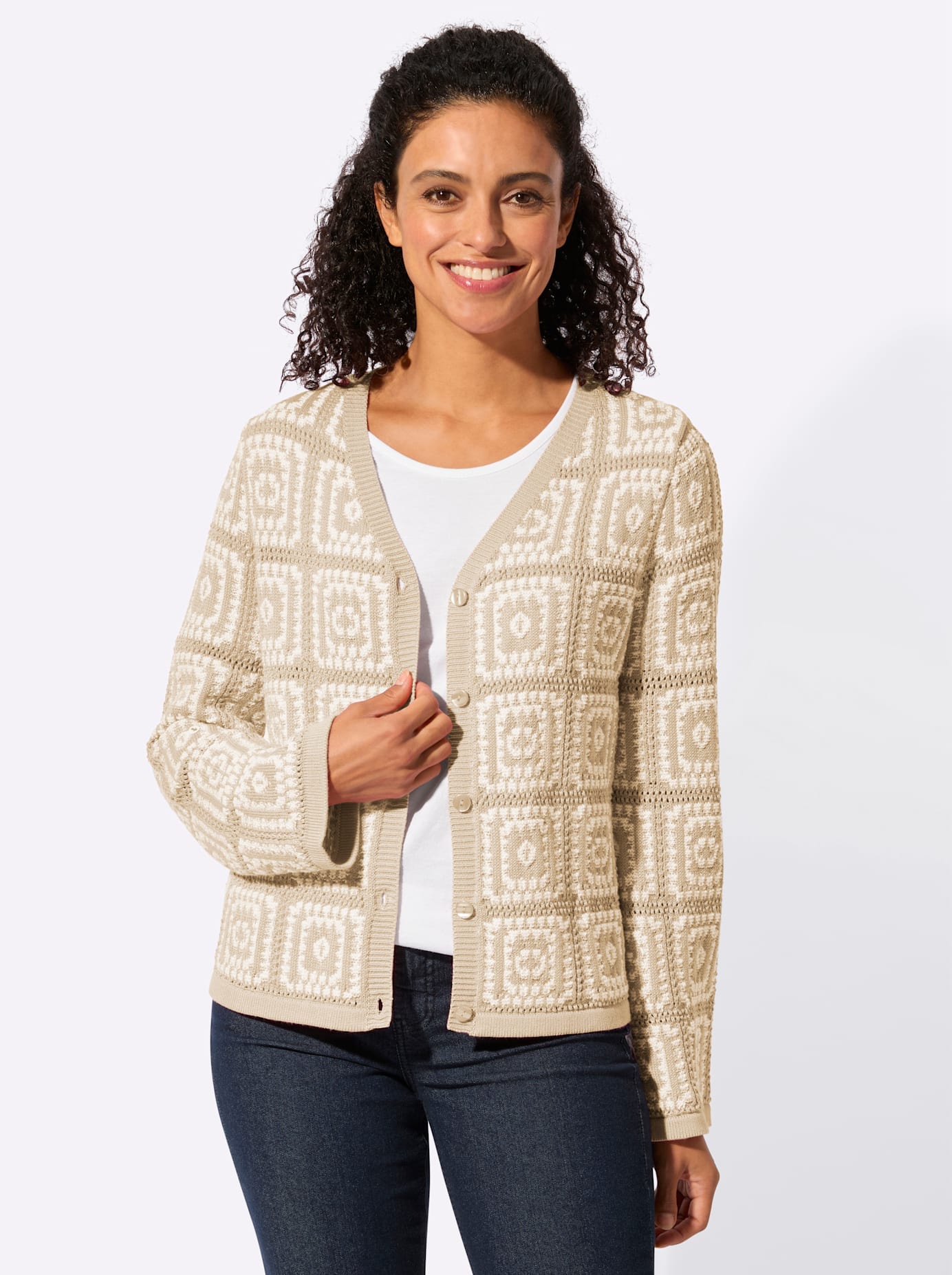 Cardigan INSPIRATIONEN, Damen, Gr. 38, sand, weiß, 50% Baumwolle, 50% Polyacryl, gemustert, mehrfarbig, Strickjacken