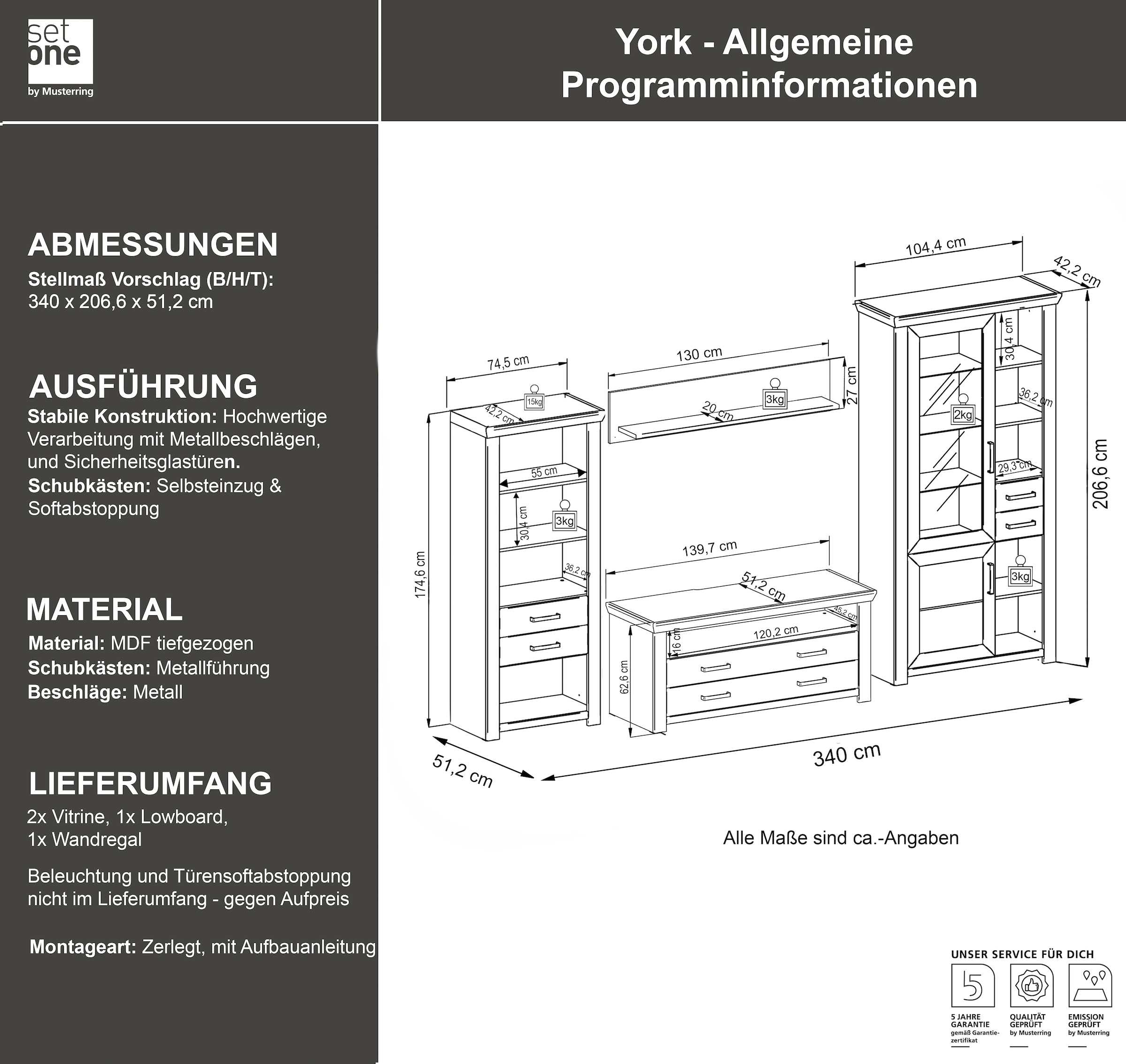 set one by Musterring Wohnwand »York«, (4 St.), Kombination mit 4 Teilen, in 3 Farbvarianten, Gesamtbreite 340 cm