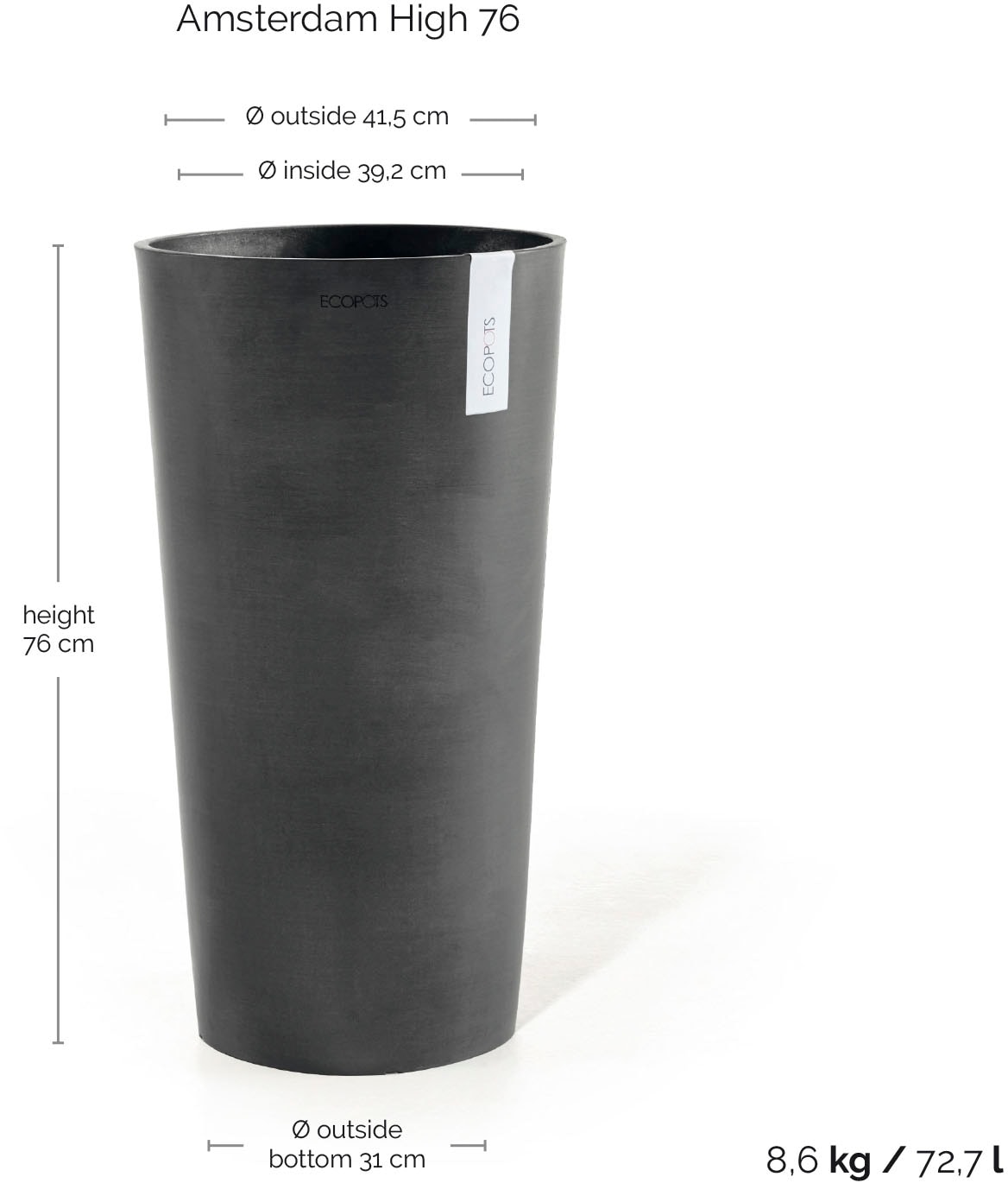 ECOPOTS Blumentopf »AMSTERDAM HIGH Dark Grey« BxTxH: 41x41x76 cm