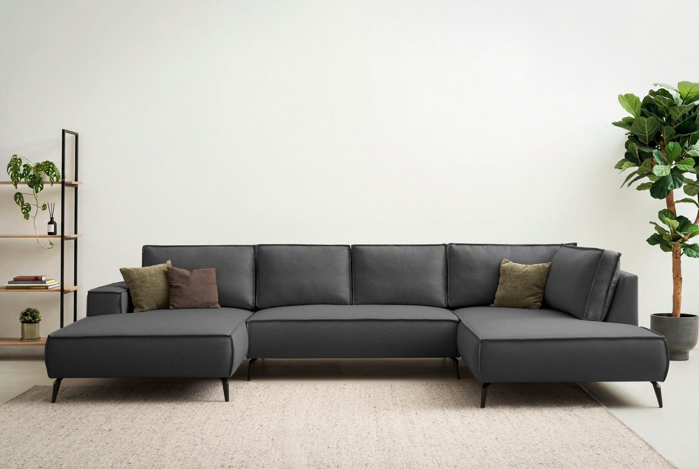 OTTO home Wohnlandschaft "TVINNU Leinenoptik, 354 cm" Recamiere rechts/links, schwarze Metallfüße, bequeme Sitz-/Liegefläche