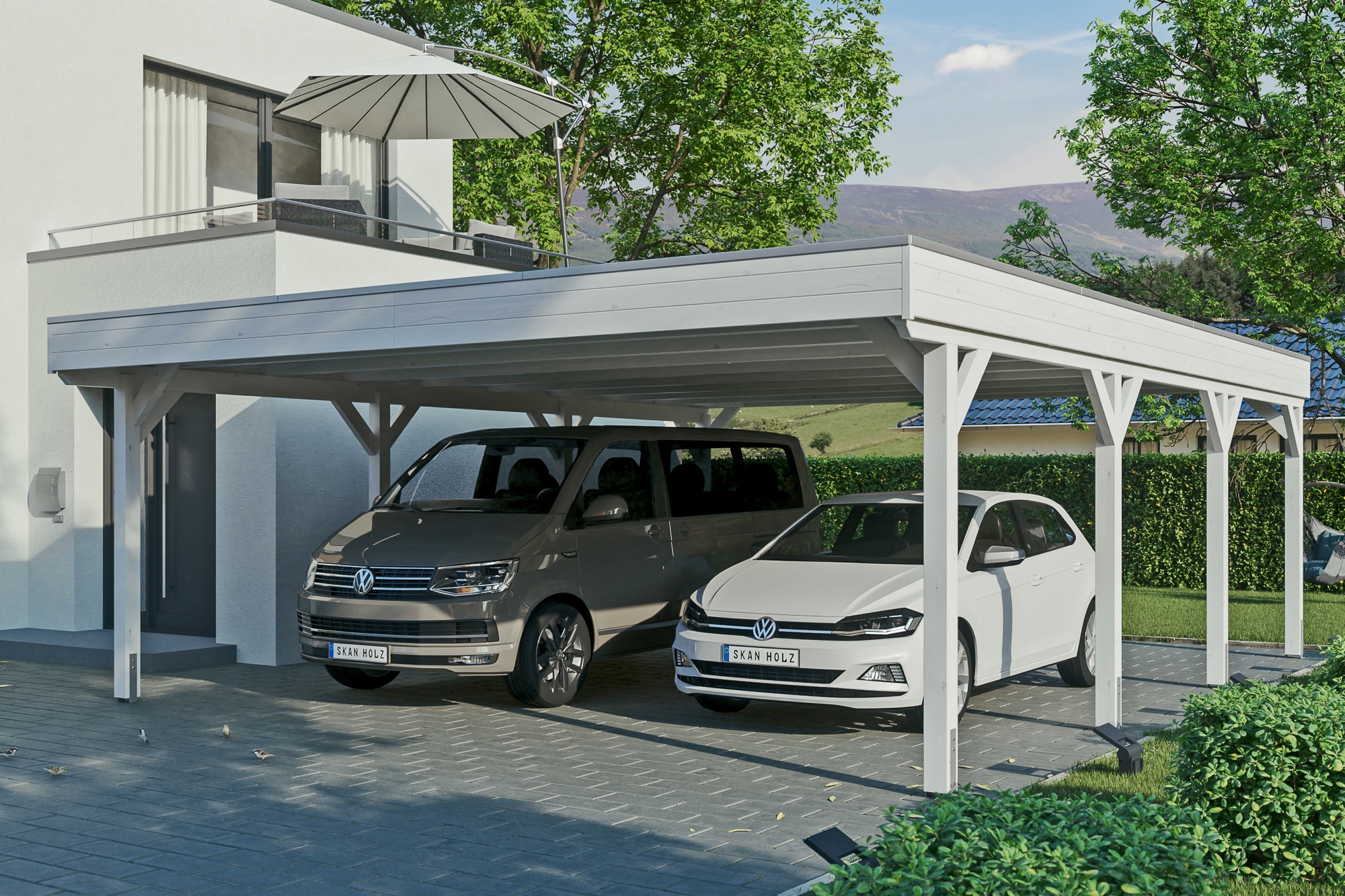 Skanholz Doppelcarport "Grunewald" Leimholz weiß mit EPDM-Dach