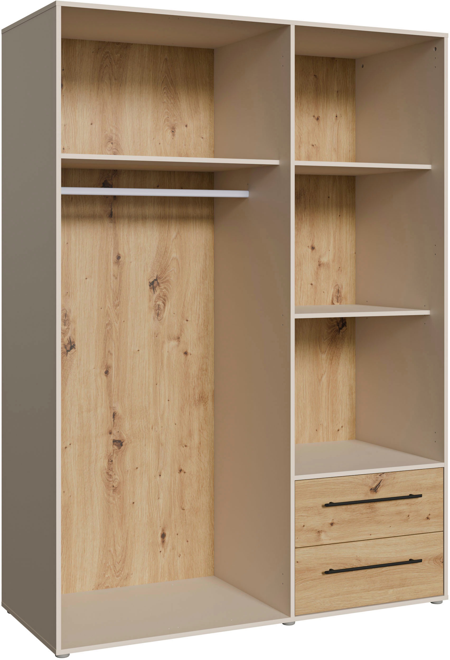 FORTE Drehtürenschrank »Mokkaris, OTTOs Choice, TOPSELLER! 3 Türen, zeitloses Design«, (BHT ca. 145x200x59cm), Schubladen + schwarze Stangengriffe, Made in Europe, viel Stauraum